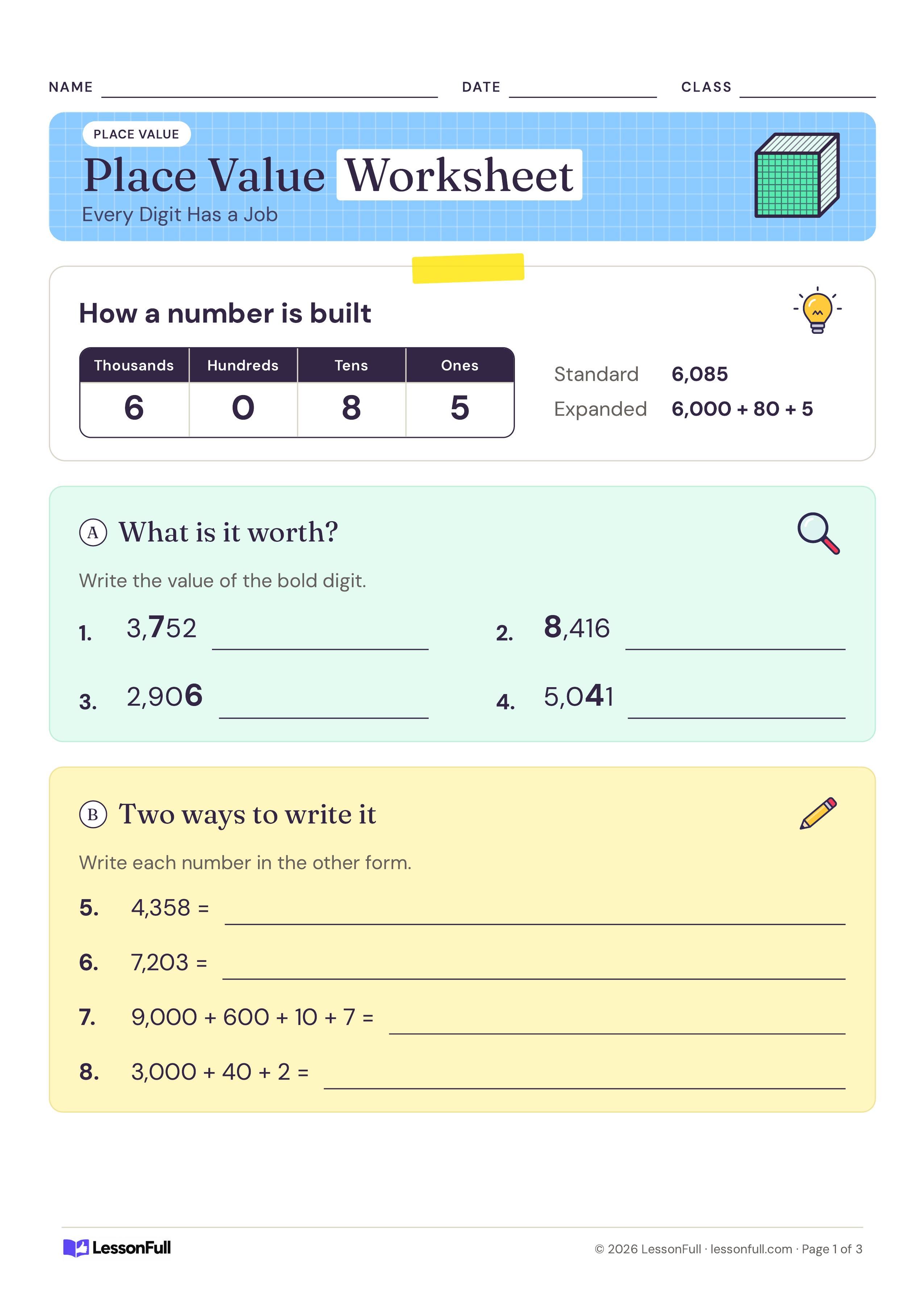 Place Value Worksheet: a thousands-to-ones place value chart for 6,085, then questions on bold digit values and standard versus expanded form