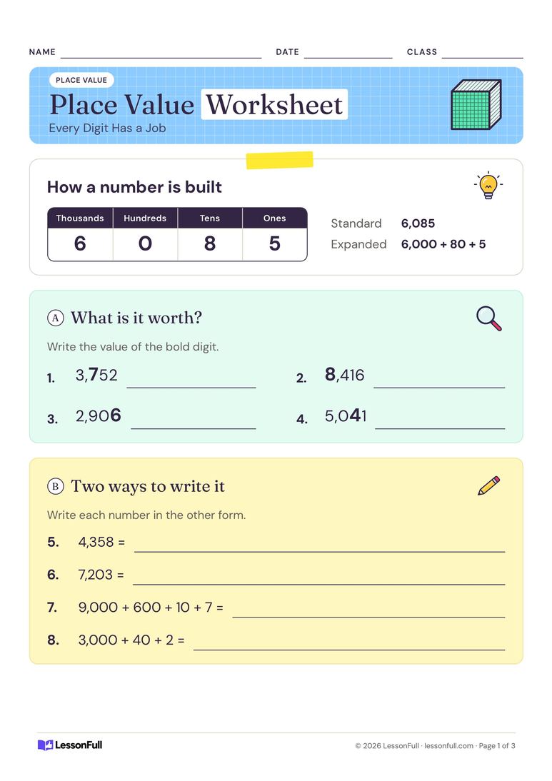Place Value Worksheet — maths worksheet for years 3–4