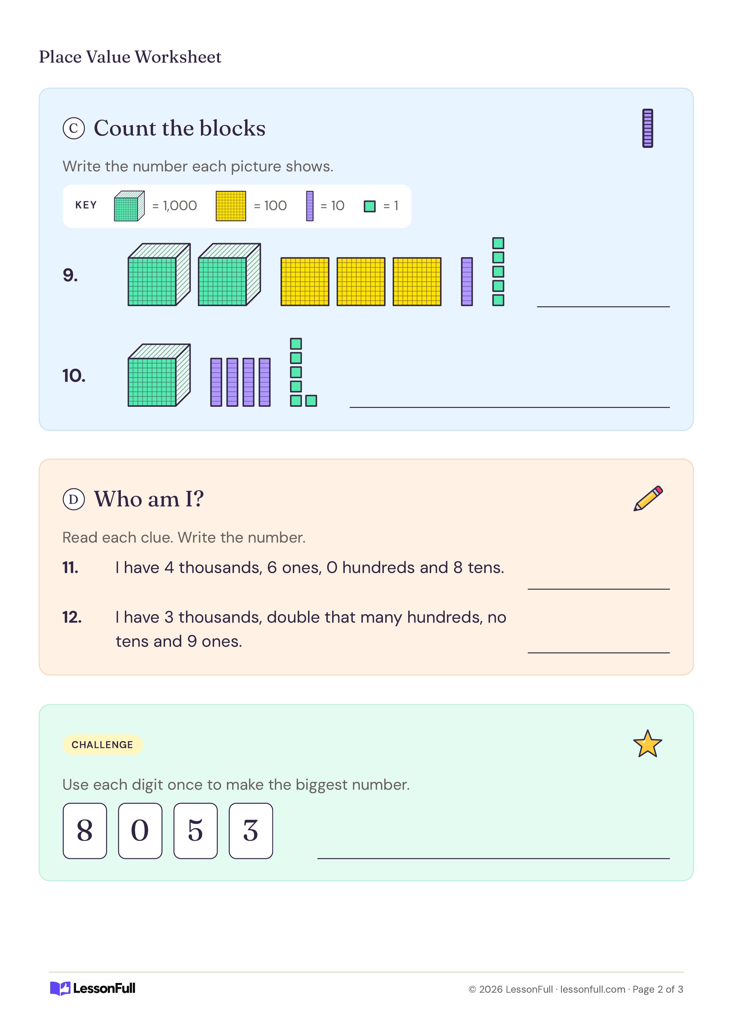 Place Value Worksheet: base-ten block pictures to count with a key, two who-am-I number riddles and a biggest-number digit card challenge