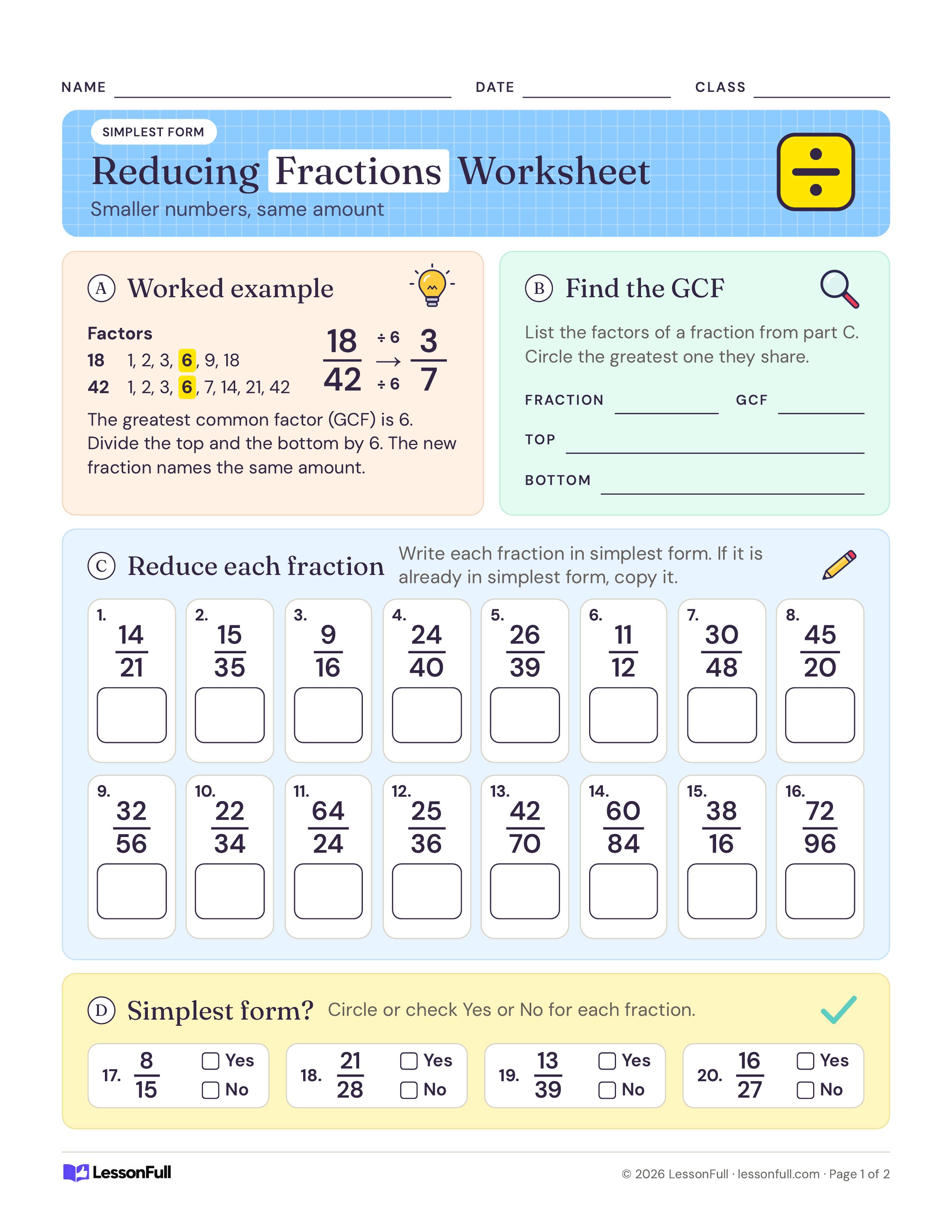 Reducing Fractions Worksheet: a worked example reducing 18/42 by its GCF, a find-the-GCF box, 16 fractions to reduce and four yes-or-no checks