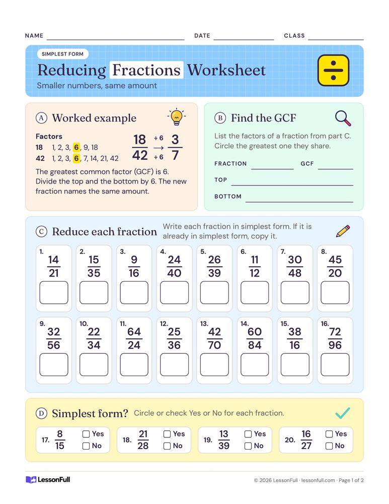 Reducing Fractions Worksheet — math worksheet for grades 5–6