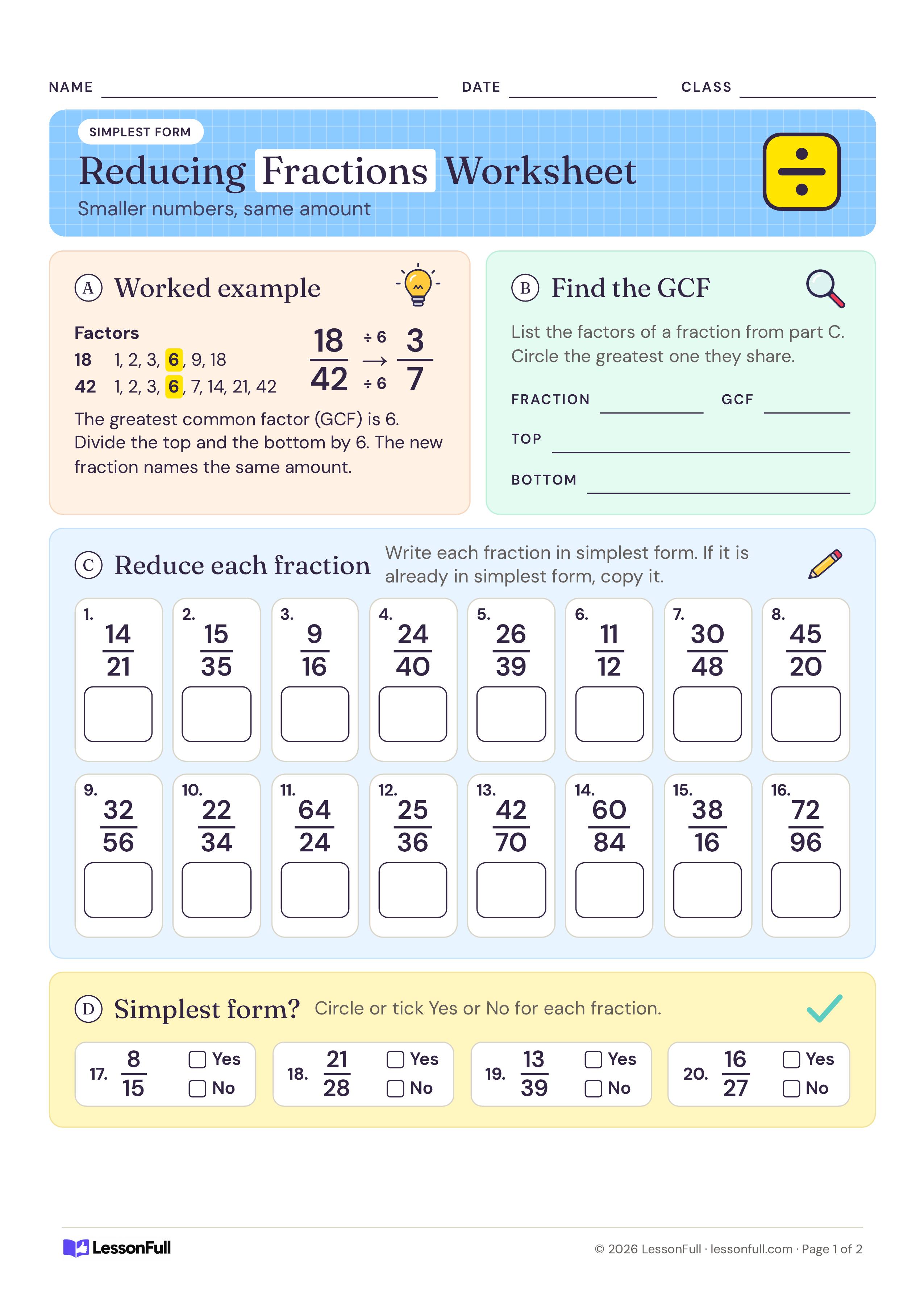 Reducing Fractions Worksheet: a worked example reducing 18/42 by its GCF, a find-the-GCF box, 16 fractions to reduce and four yes-or-no checks