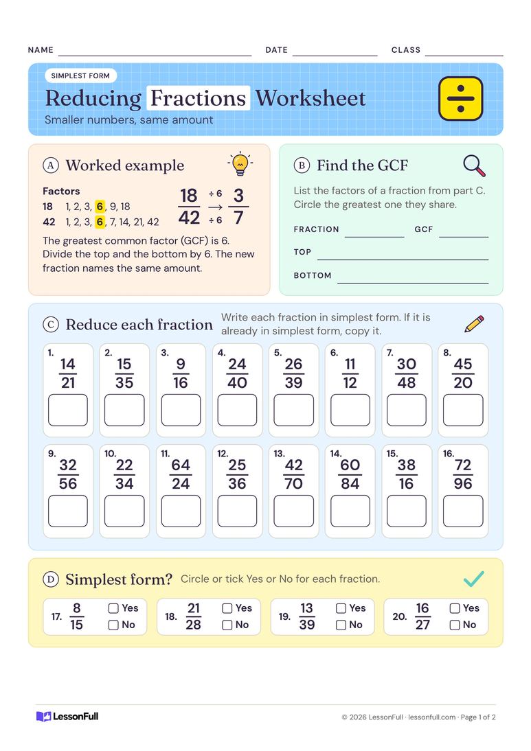 Reducing Fractions Worksheet — maths worksheet for years 5–6
