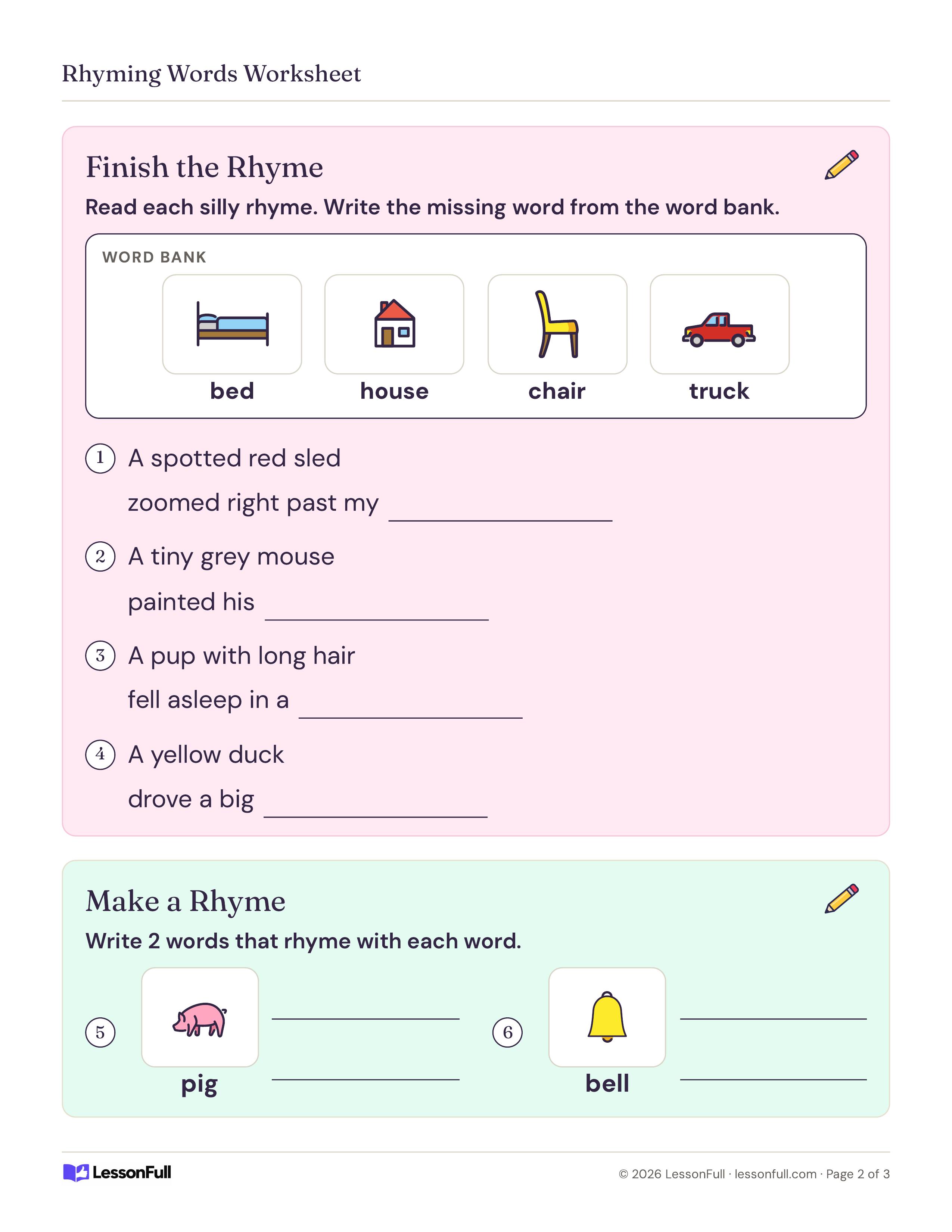 Rhyming Words Worksheet: a picture word bank of bed, house, chair and truck for four silly rhymes, and pig and bell pictures to write rhymes for