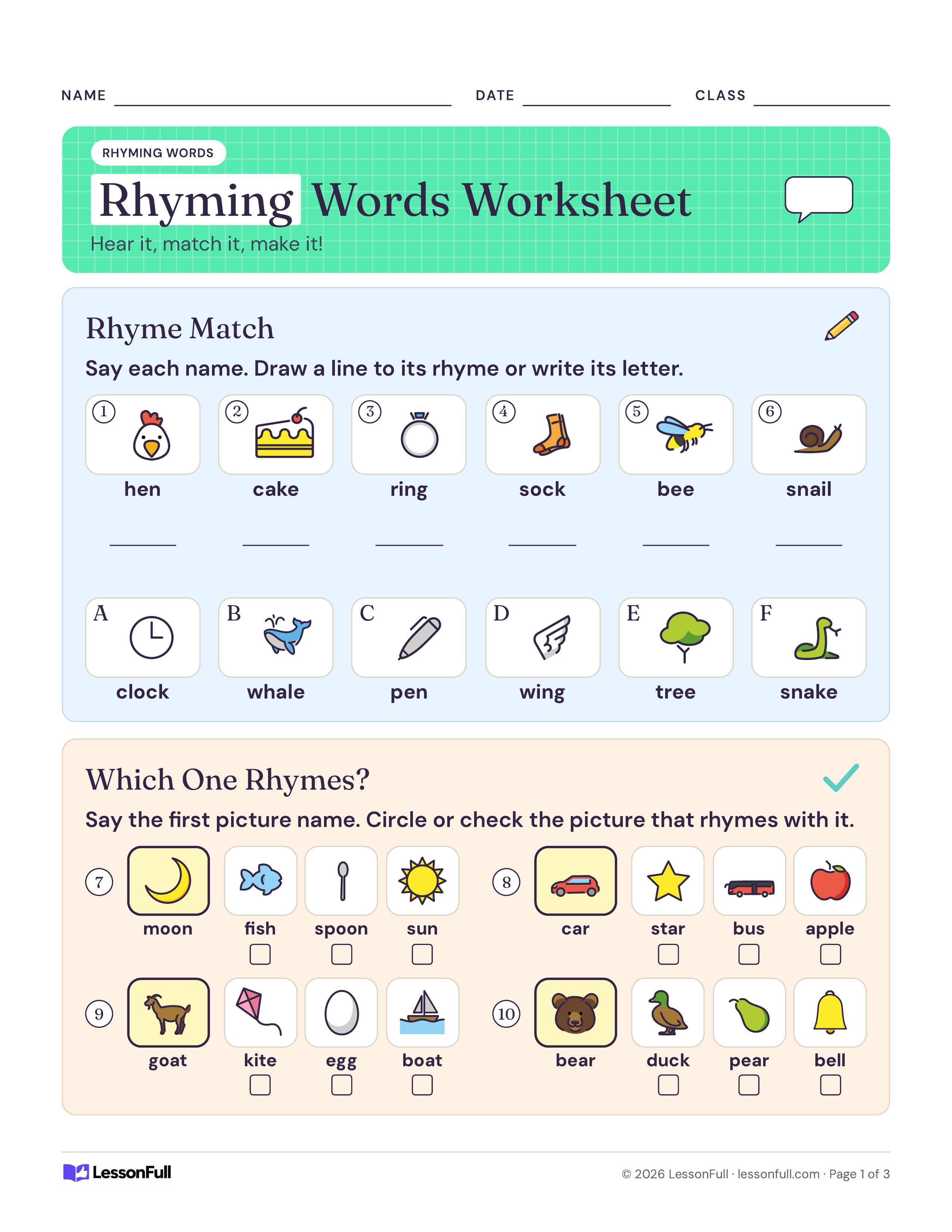Rhyming Words Worksheet: six pictures like hen and cake to match with rhymes, plus rows to pick rhymes for moon, car, goat and bear