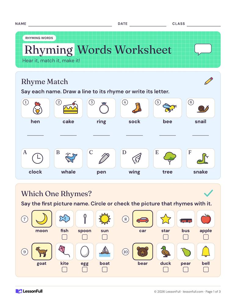 Rhyming Words Worksheet — language arts worksheet for grades K–1
