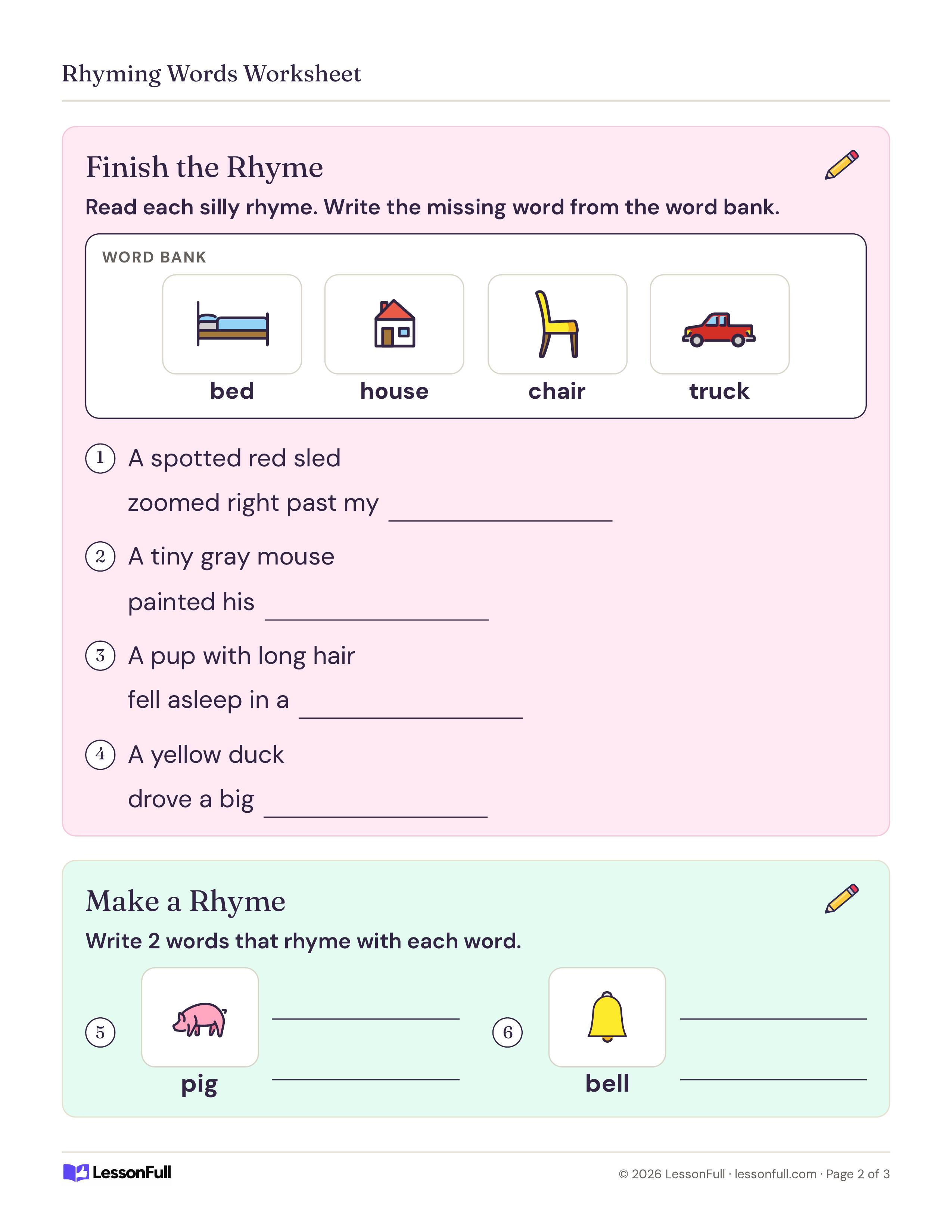 Rhyming Words Worksheet: a picture word bank of bed, house, chair and truck for four silly rhymes, and pig and bell pictures to write rhymes for