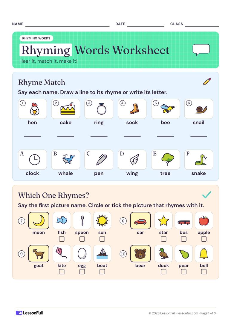 Rhyming Words Worksheet — English worksheet for Foundation–Year 1