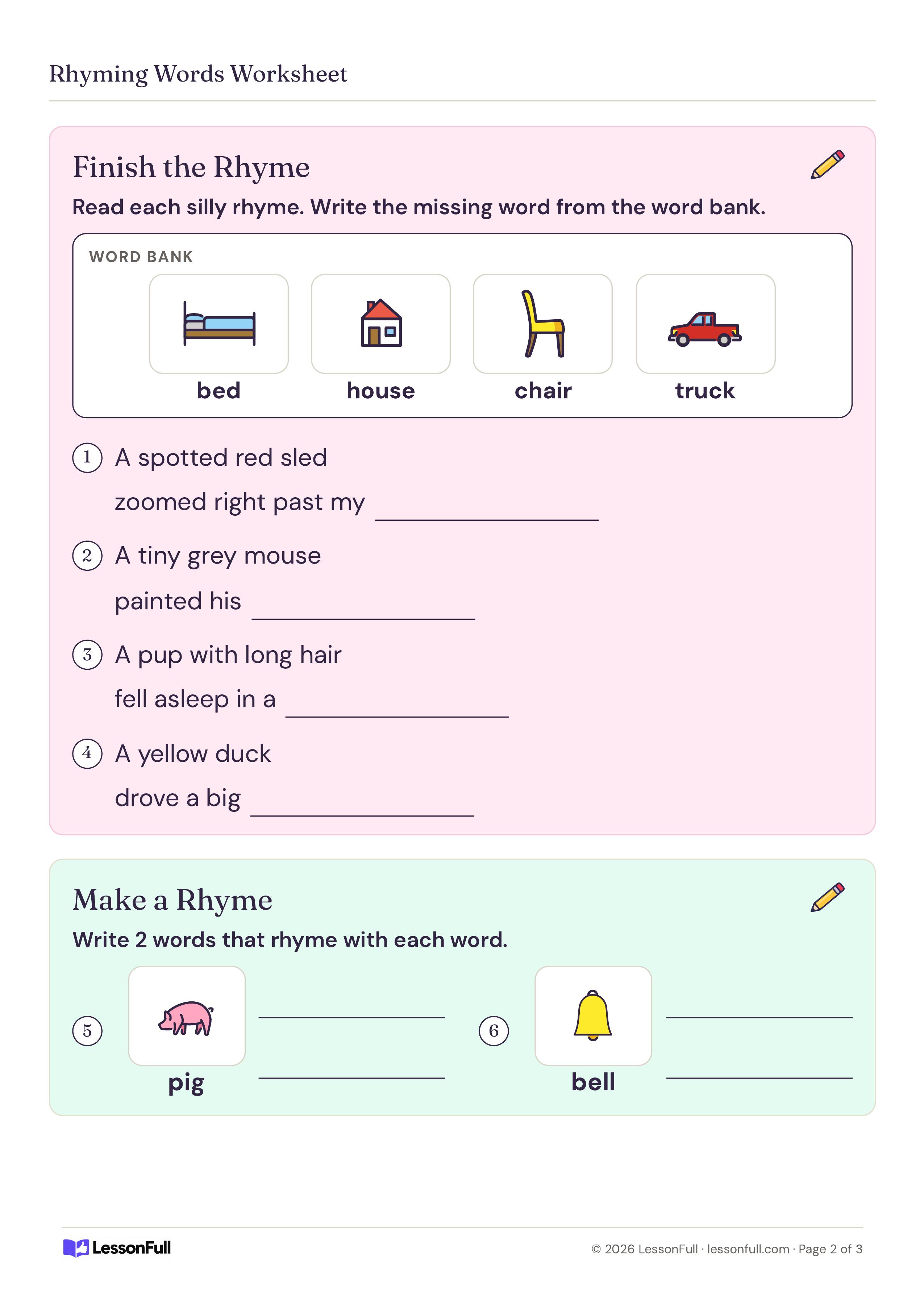 Rhyming Words Worksheet: a picture word bank of bed, house, chair and truck for four silly rhymes, and pig and bell pictures to write rhymes for