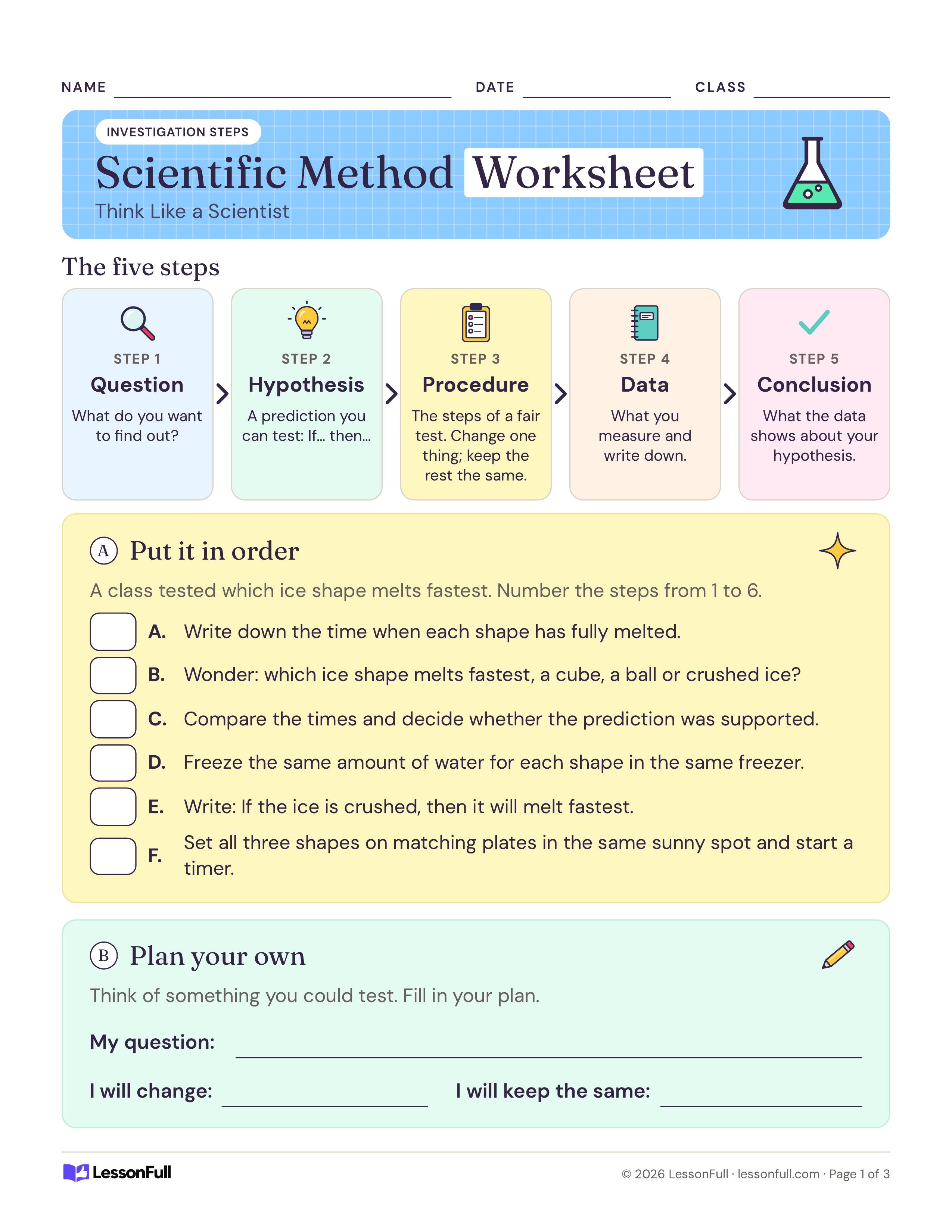 Scientific Method Worksheet: five step cards from question to conclusion, an ice-melting experiment to put in order and a plan-your-own box