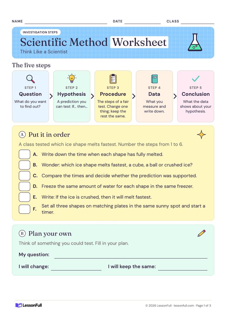 Scientific Method Worksheet — science worksheet for years 3–5