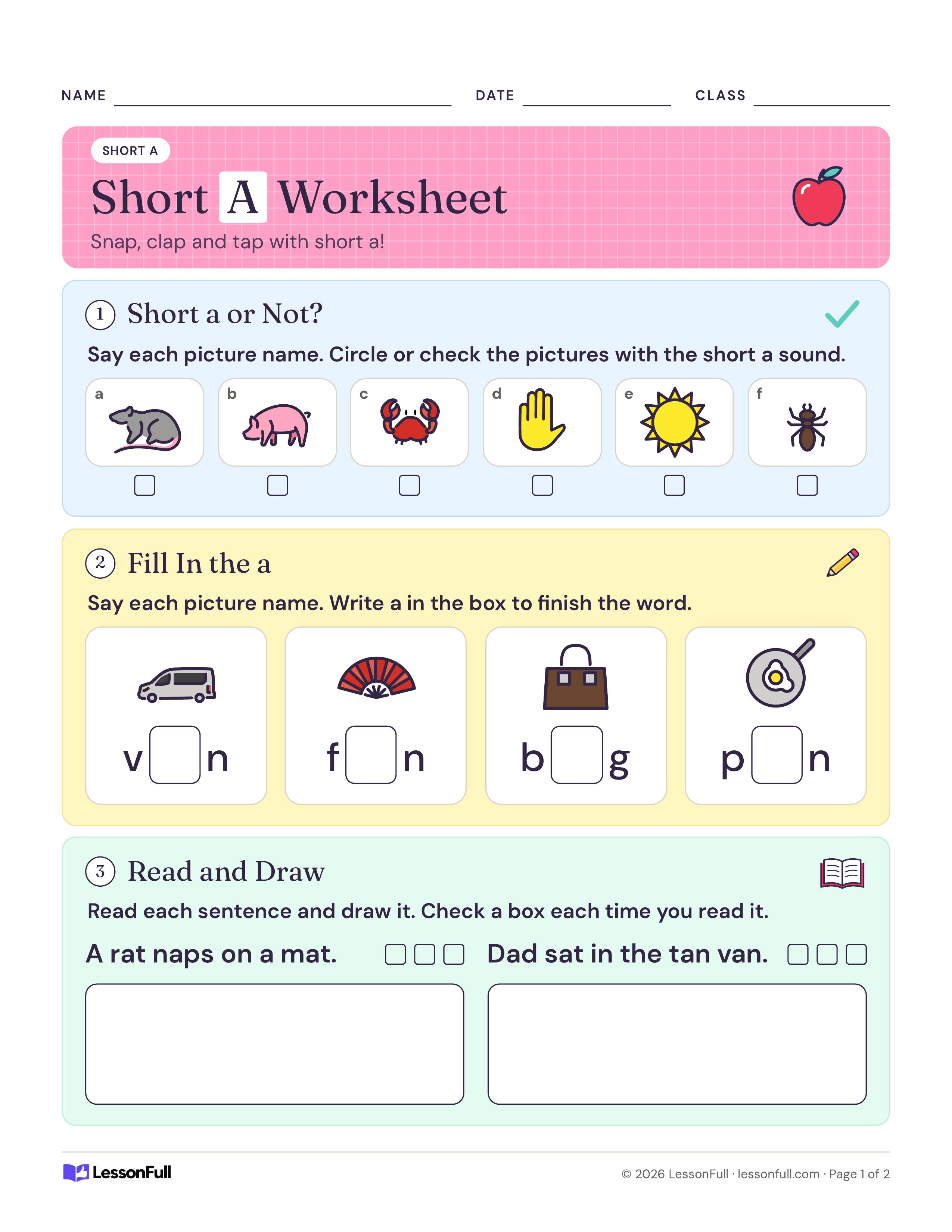 Short A Worksheet: six picture boxes to check for short a, four pictures with v_n, f_n, b_g and p_n to finish, and two sentences to draw