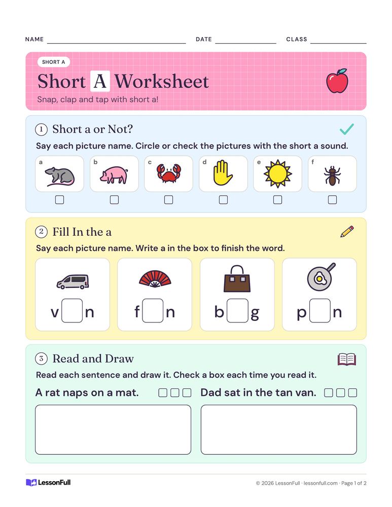 Short A Worksheet — language arts worksheet for grades K–1