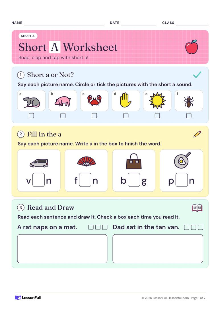 Short A Worksheet — English worksheet for Foundation–Year 1