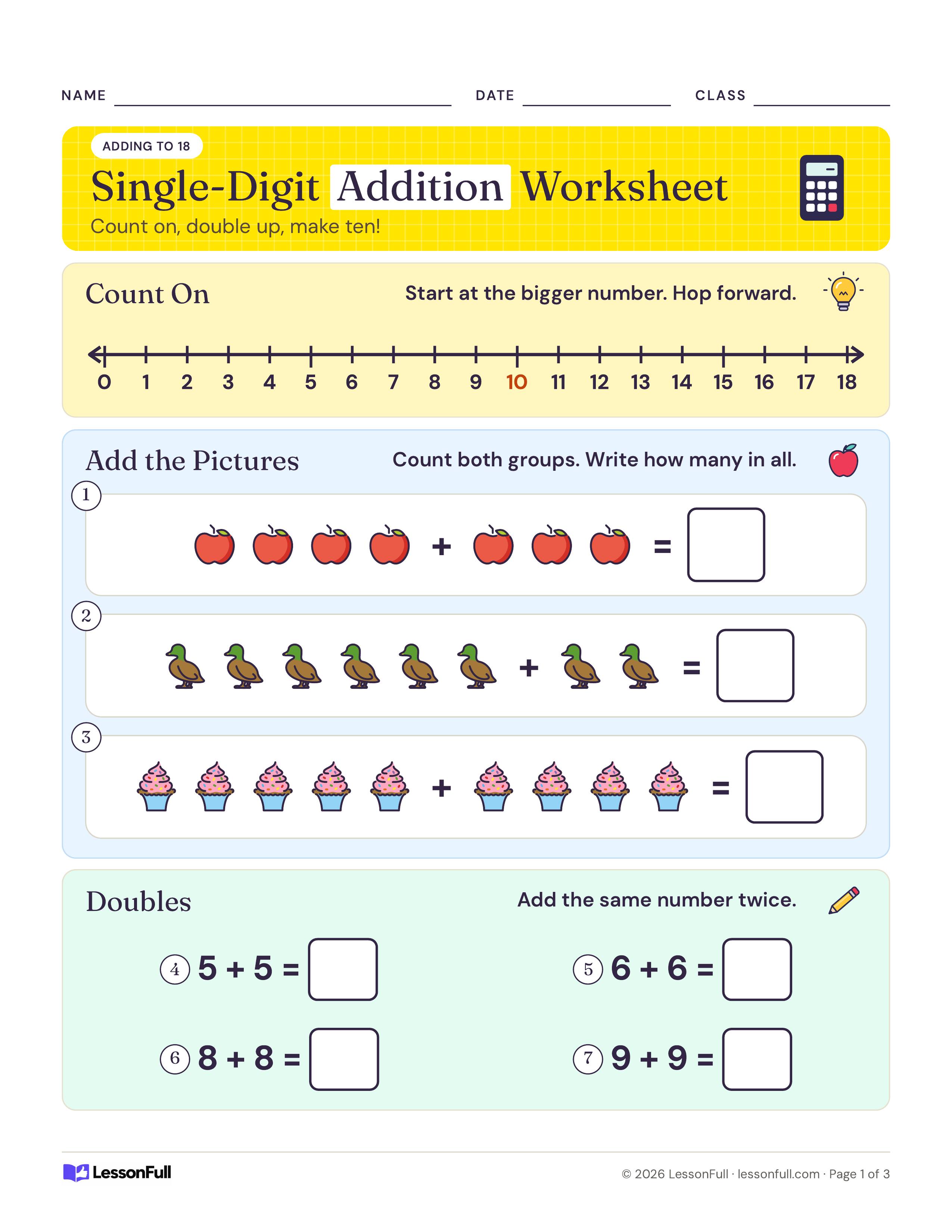 Single-Digit Addition Worksheet: a 0 to 18 number line, three rows of apples, ducks and cupcakes to add, and four doubles facts with answer boxes