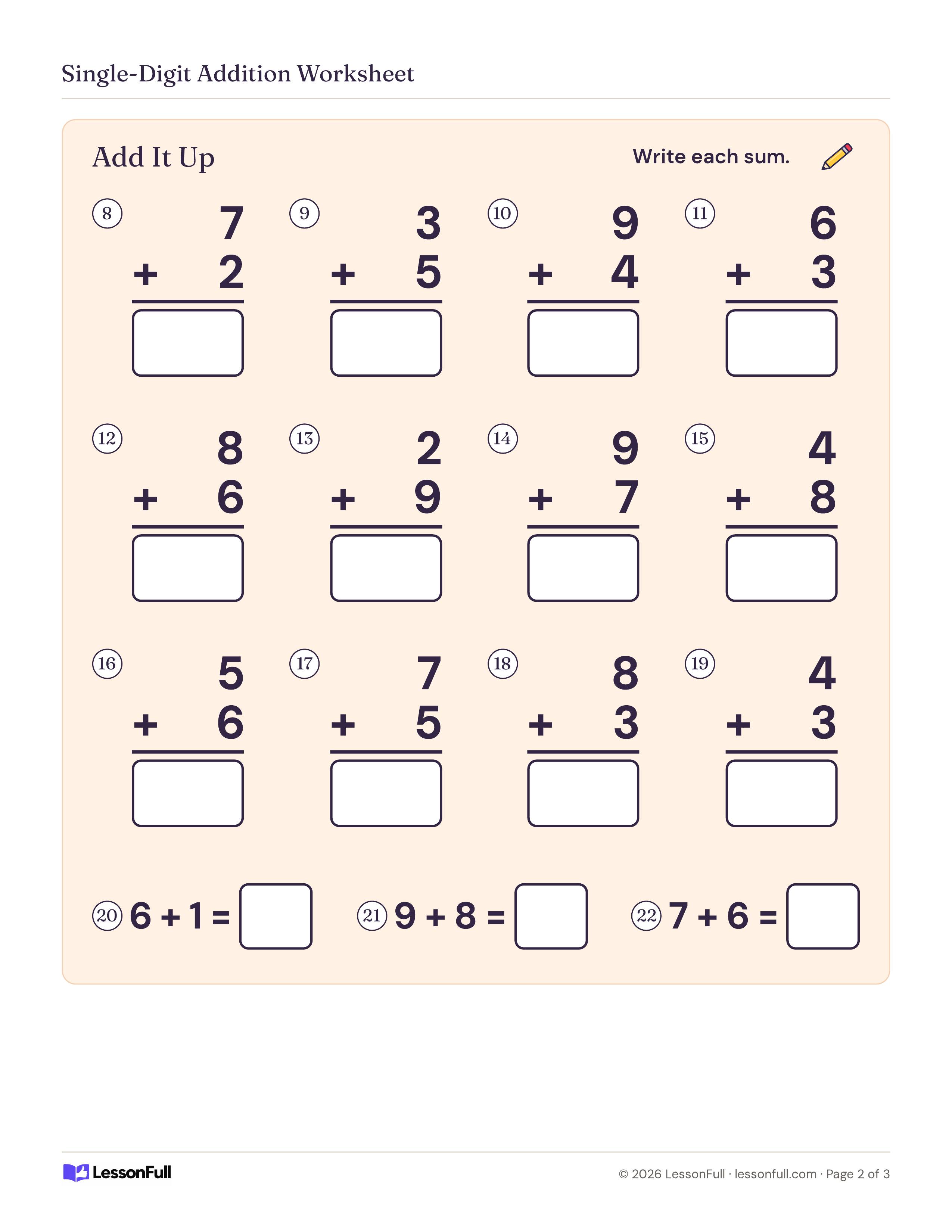 Single-Digit Addition Worksheet: twelve stacked vertical addition problems with answer boxes, plus three across facts: 6 + 1, 9 + 8 and 7 + 6