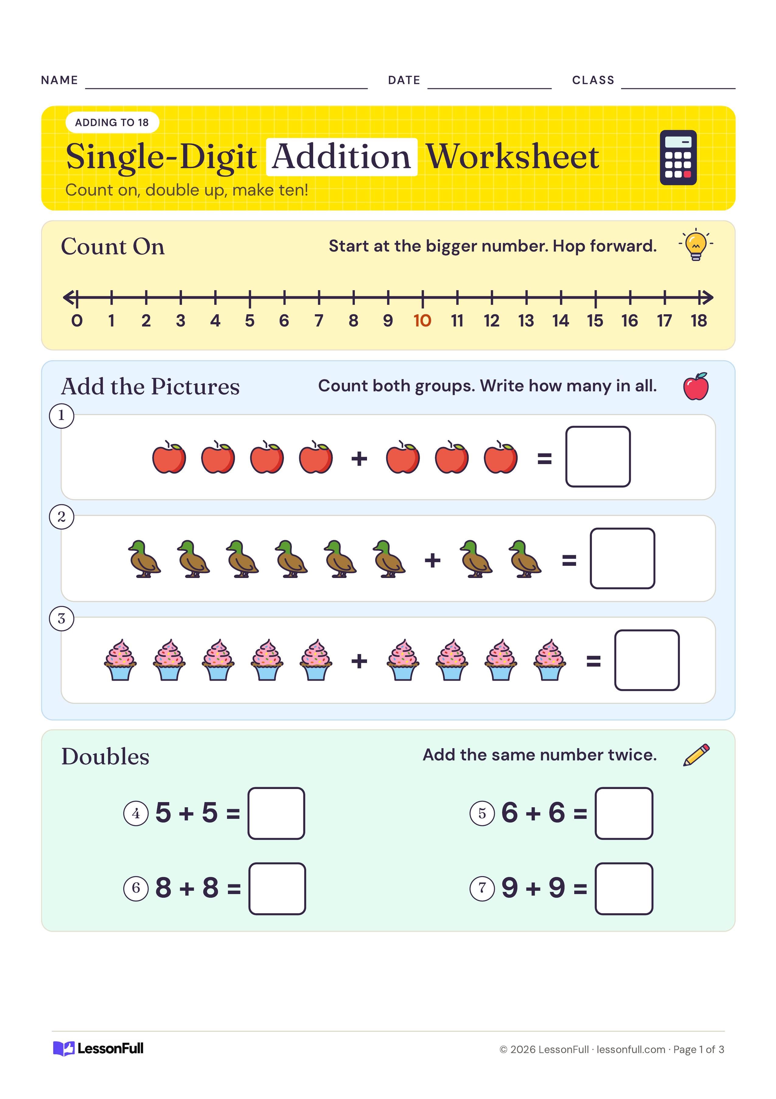 Single-Digit Addition Worksheet: a 0 to 18 number line, three rows of apples, ducks and cupcakes to add, and four doubles facts with answer boxes