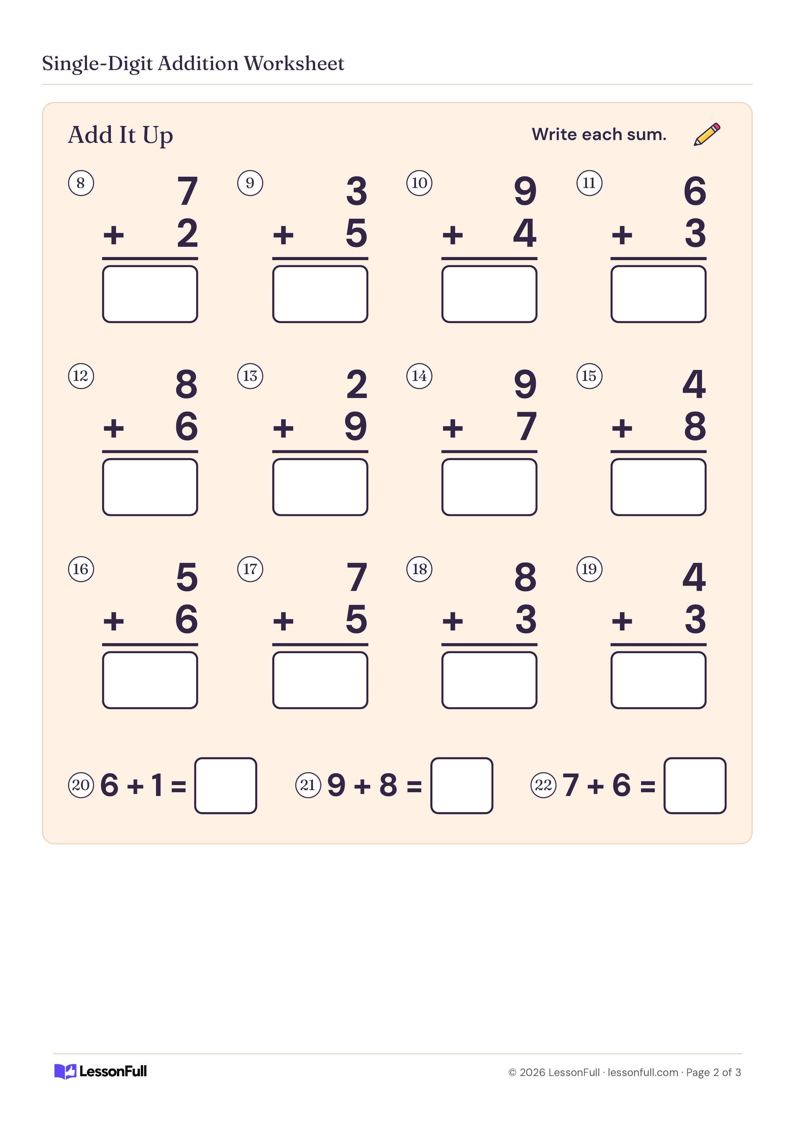 Single-Digit Addition Worksheet: twelve stacked vertical addition problems with answer boxes, plus three across facts: 6 + 1, 9 + 8 and 7 + 6