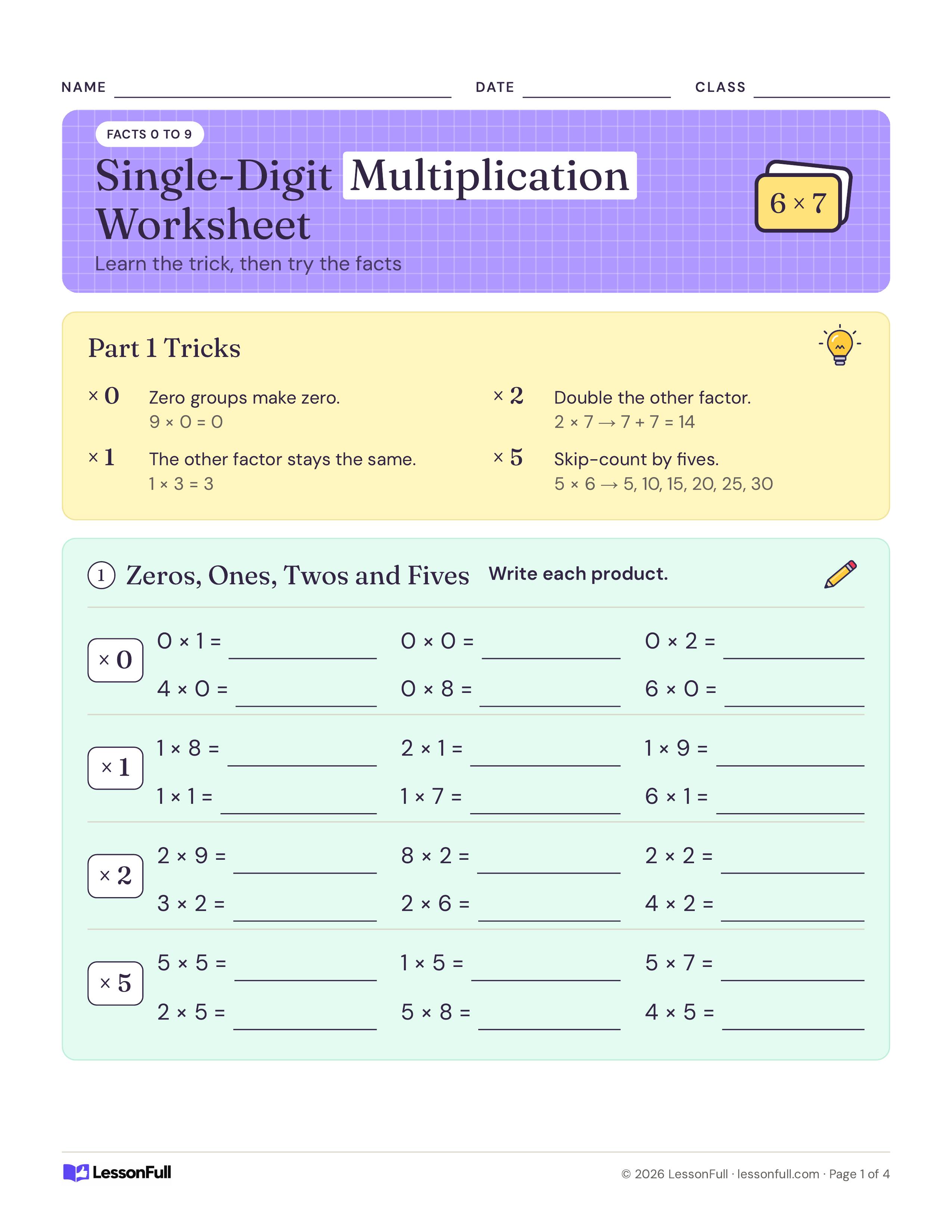 Single-Digit Multiplication Worksheet: Facts by Strategy: trick boxes for times 0, 1, 2 and 5, then rows of 24 facts grouped by factor with write-in lines