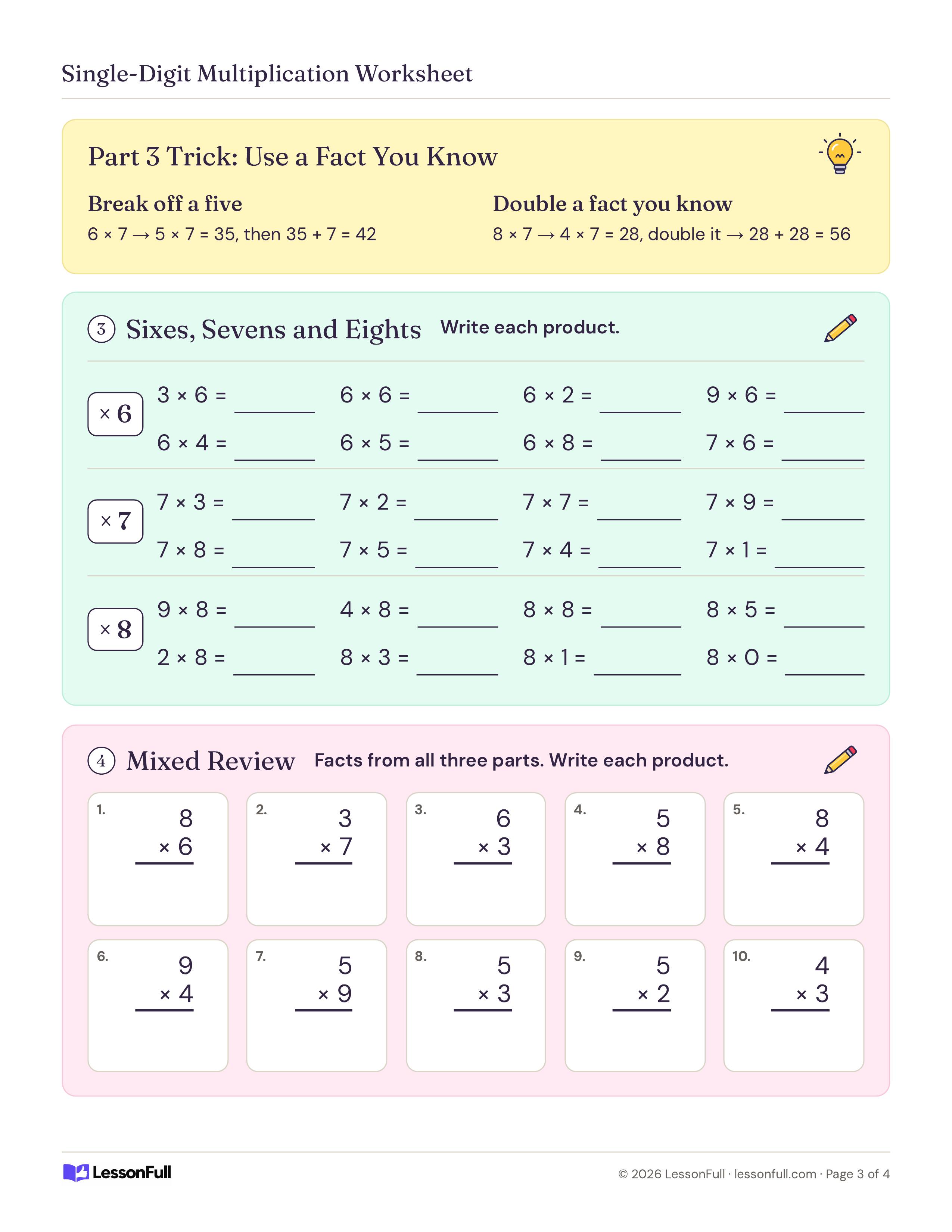 Single-Digit Multiplication Worksheet: Facts by Strategy: break-off-a-five and doubling tricks, 24 sixes, sevens and eights facts and ten vertical mixed review problems