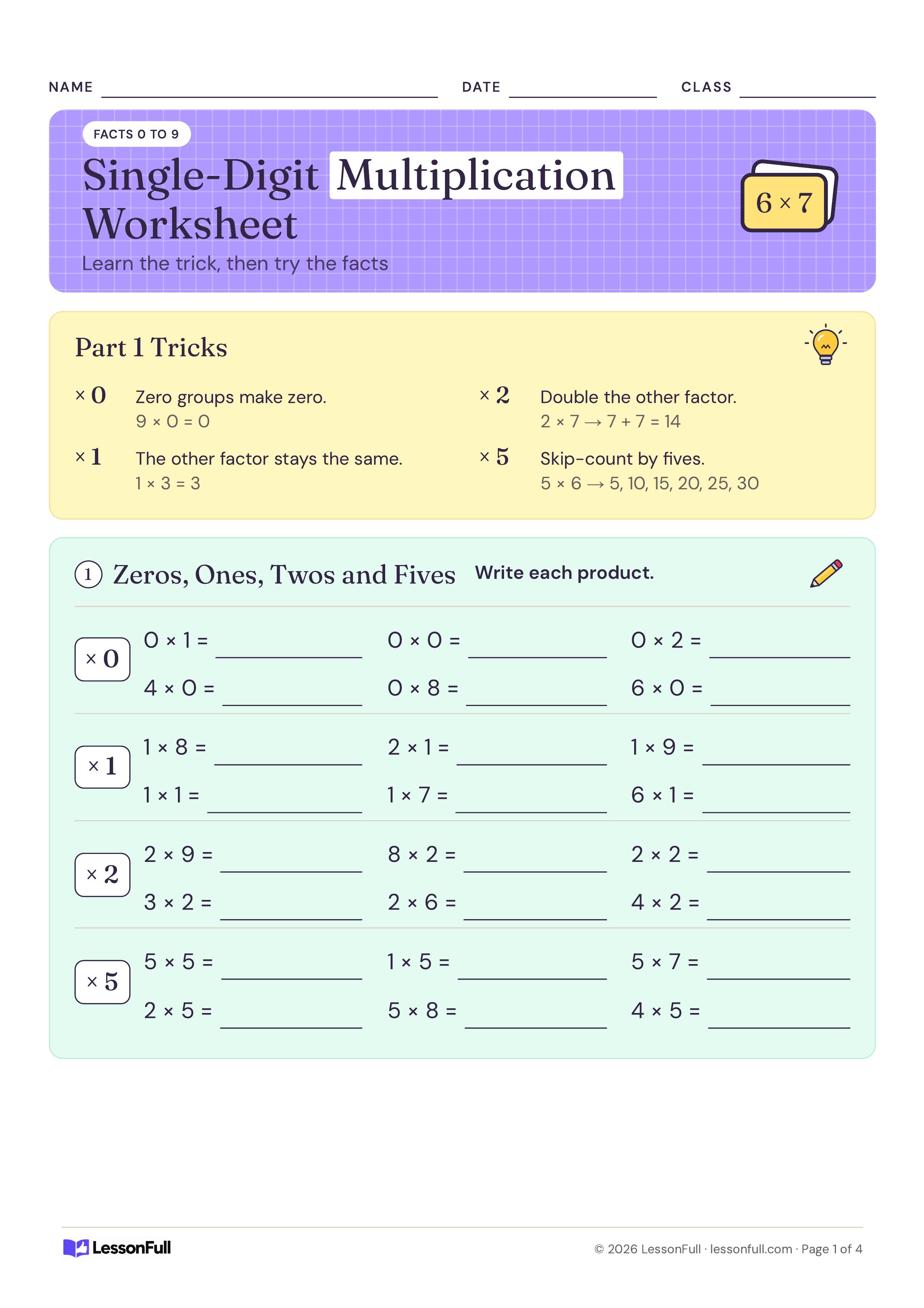 Single-Digit Multiplication Worksheet: Facts by Strategy: trick boxes for times 0, 1, 2 and 5, then rows of 24 facts grouped by factor with write-in lines
