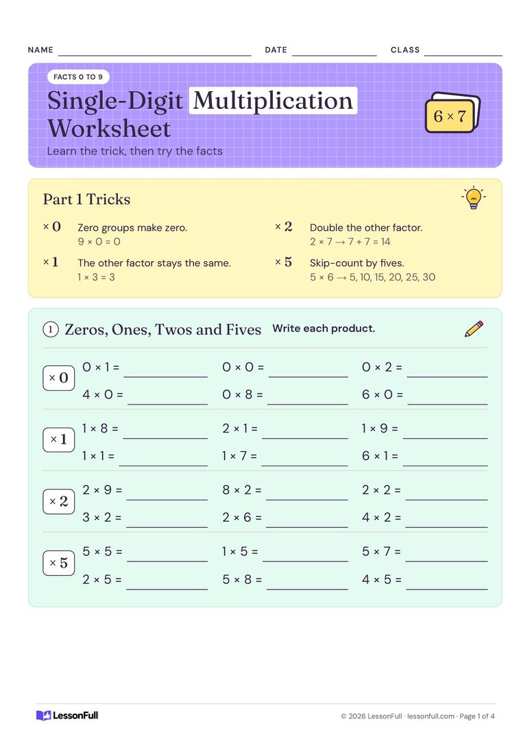 Single-Digit Multiplication Worksheet: Facts by Strategy — maths worksheet for years 3–4