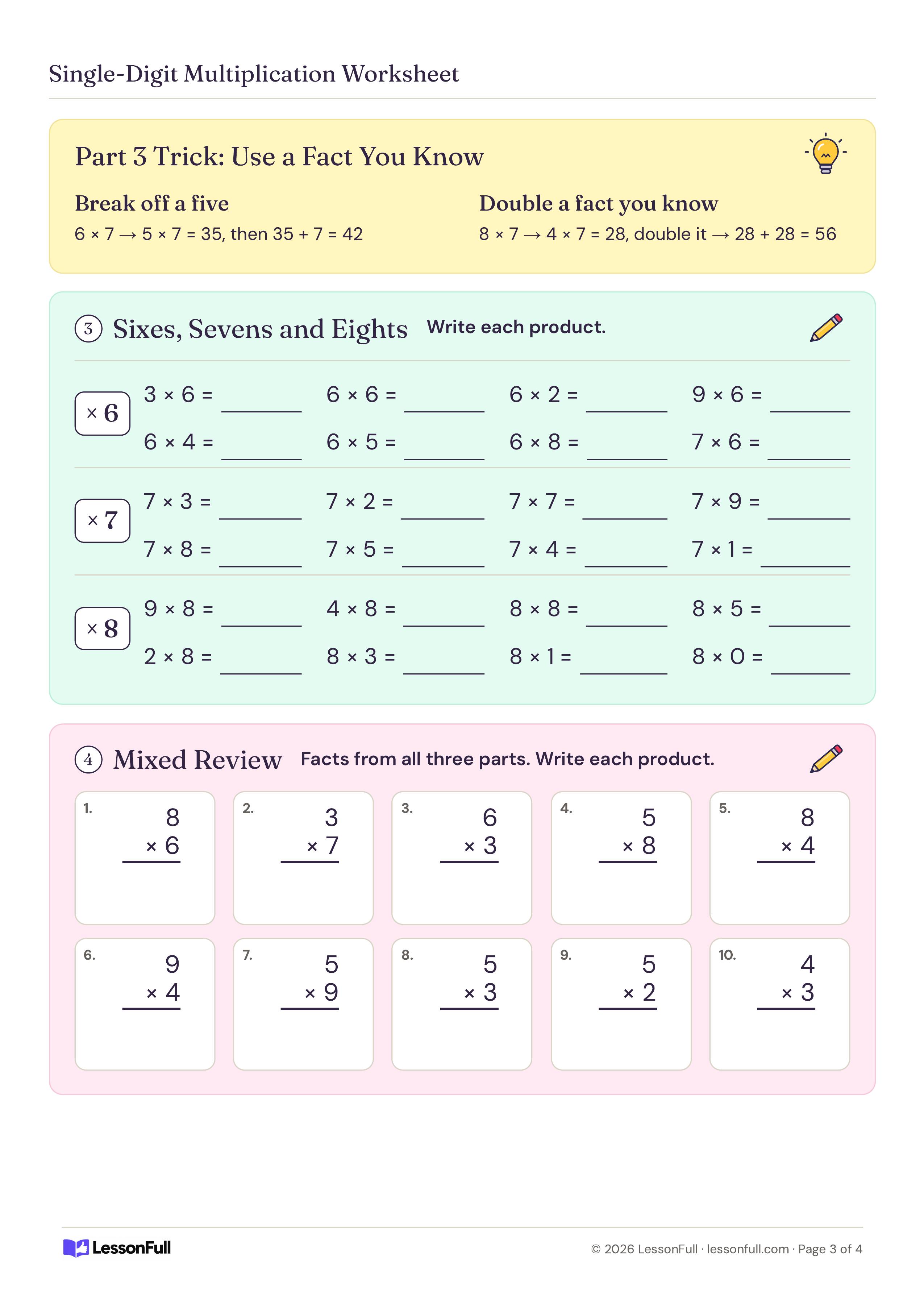 Single-Digit Multiplication Worksheet: Facts by Strategy: break-off-a-five and doubling tricks, 24 sixes, sevens and eights facts and ten vertical mixed review problems