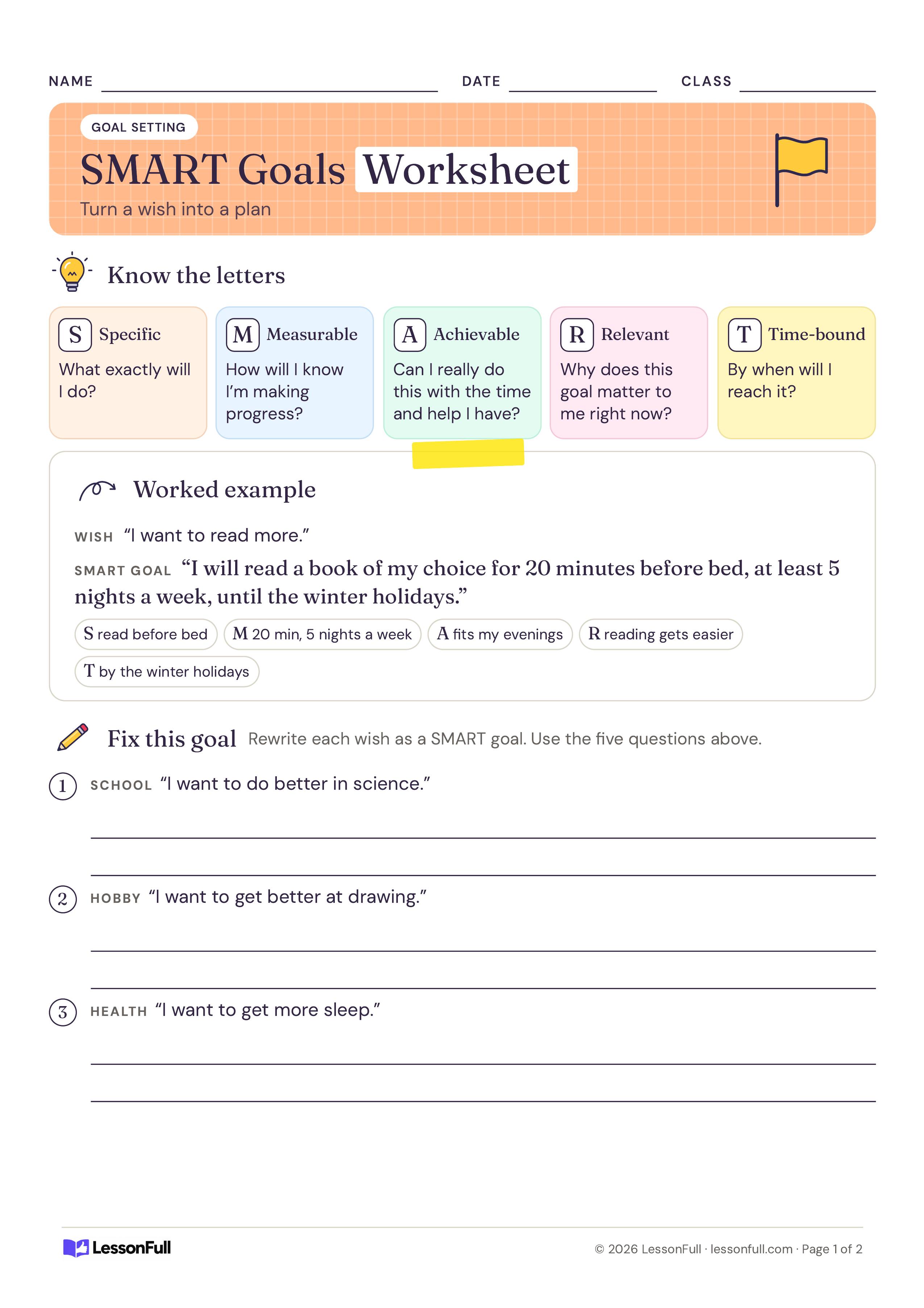 SMART Goals Worksheet: five colour cards explaining each SMART letter, a worked reading goal example and three wishes to rewrite as goals