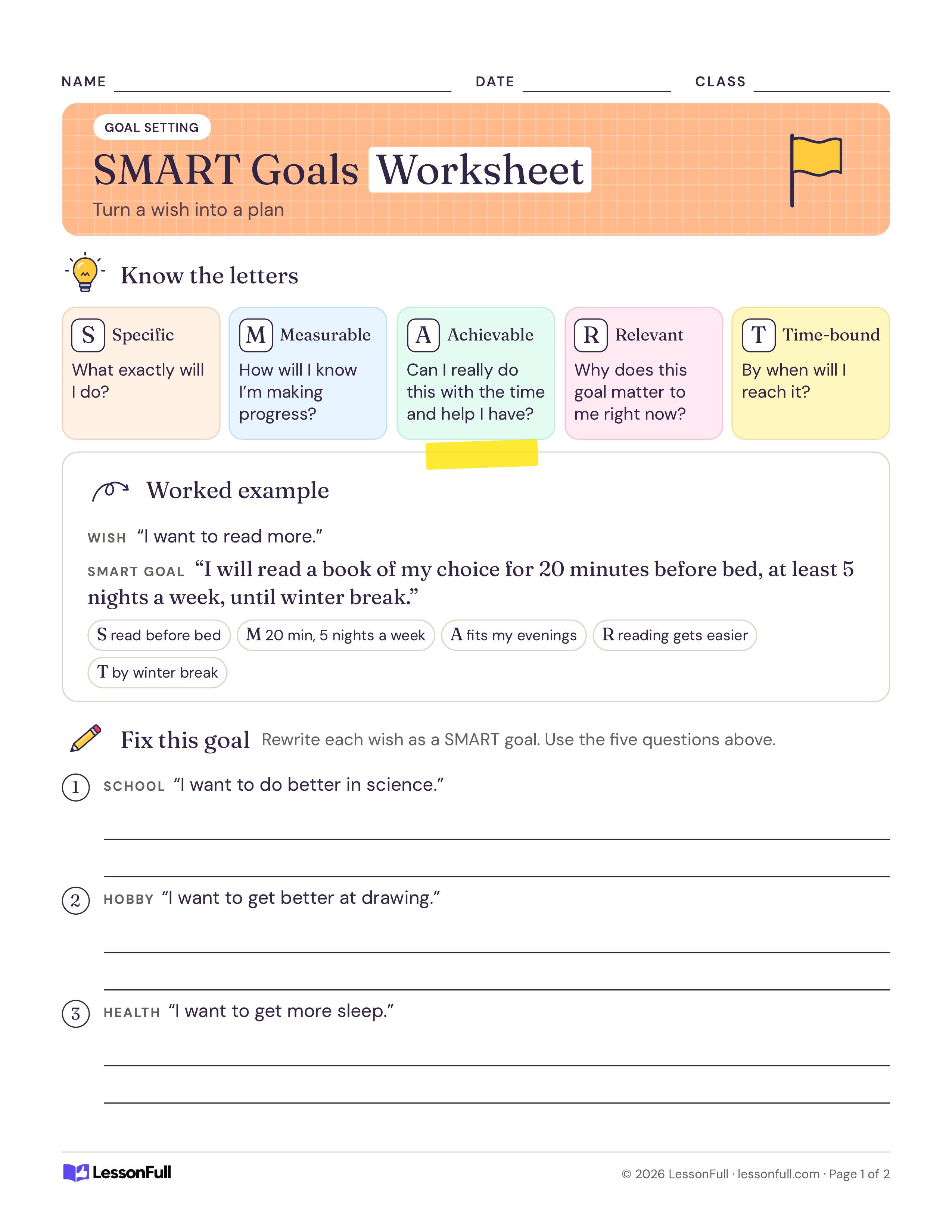 SMART Goals Worksheet: five color cards explaining each SMART letter, a worked reading goal example and three wishes to rewrite as goals