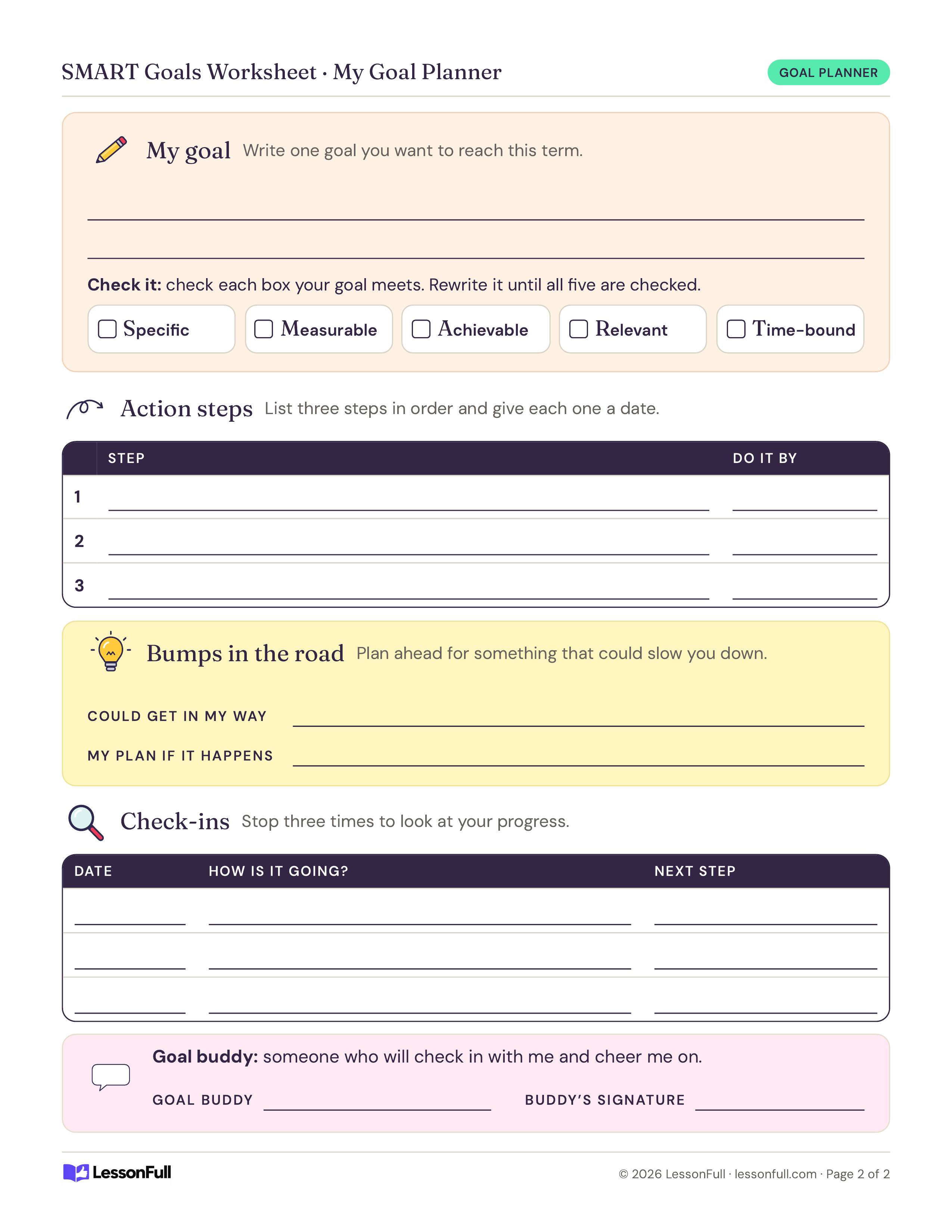 SMART Goals Worksheet: a goal planner with SMART checkboxes, an action steps table, a bumps-in-the-road plan, check-ins and a goal buddy line