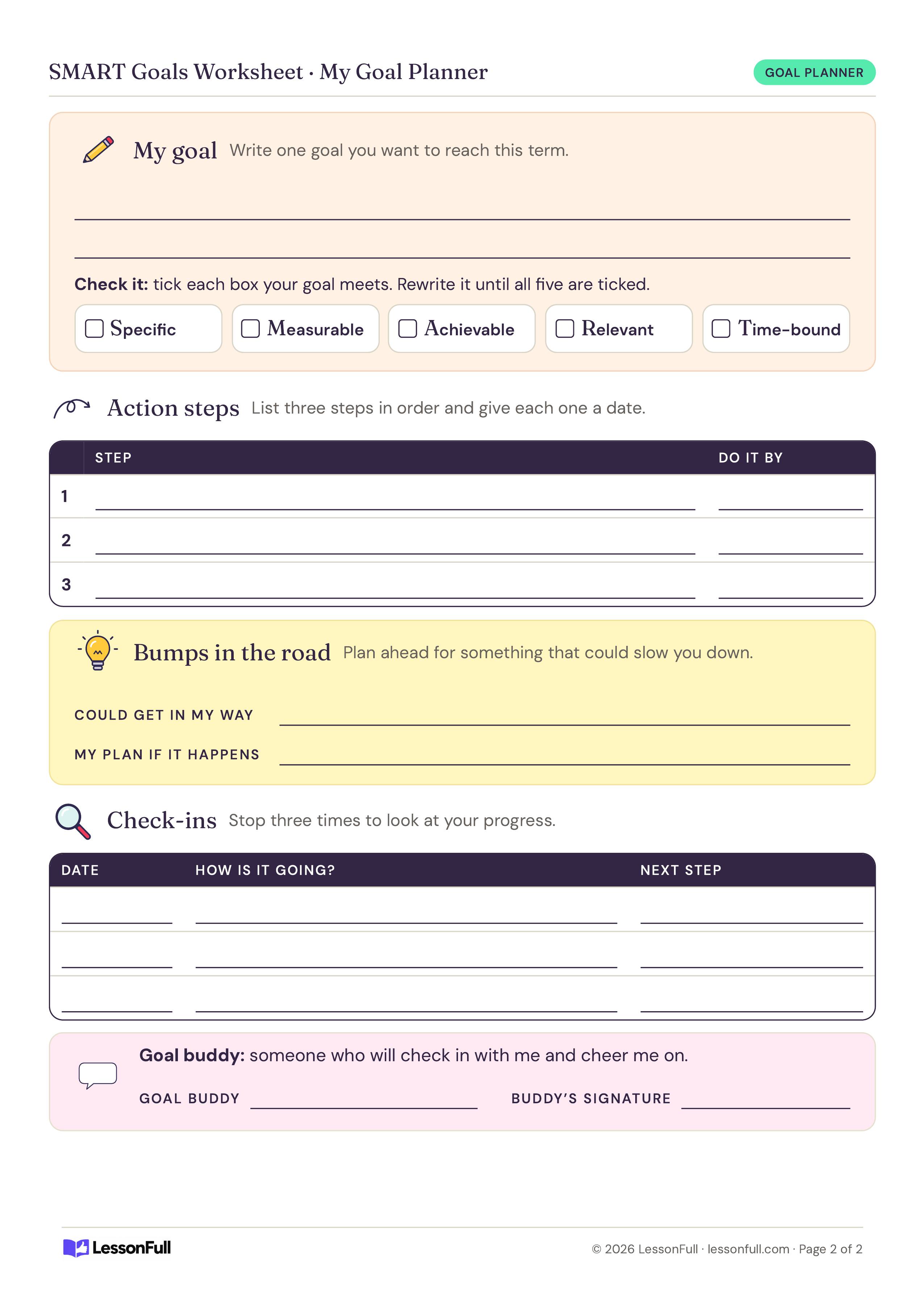 SMART Goals Worksheet: a goal planner with SMART checkboxes, an action steps table, a bumps-in-the-road plan, check-ins and a goal buddy line