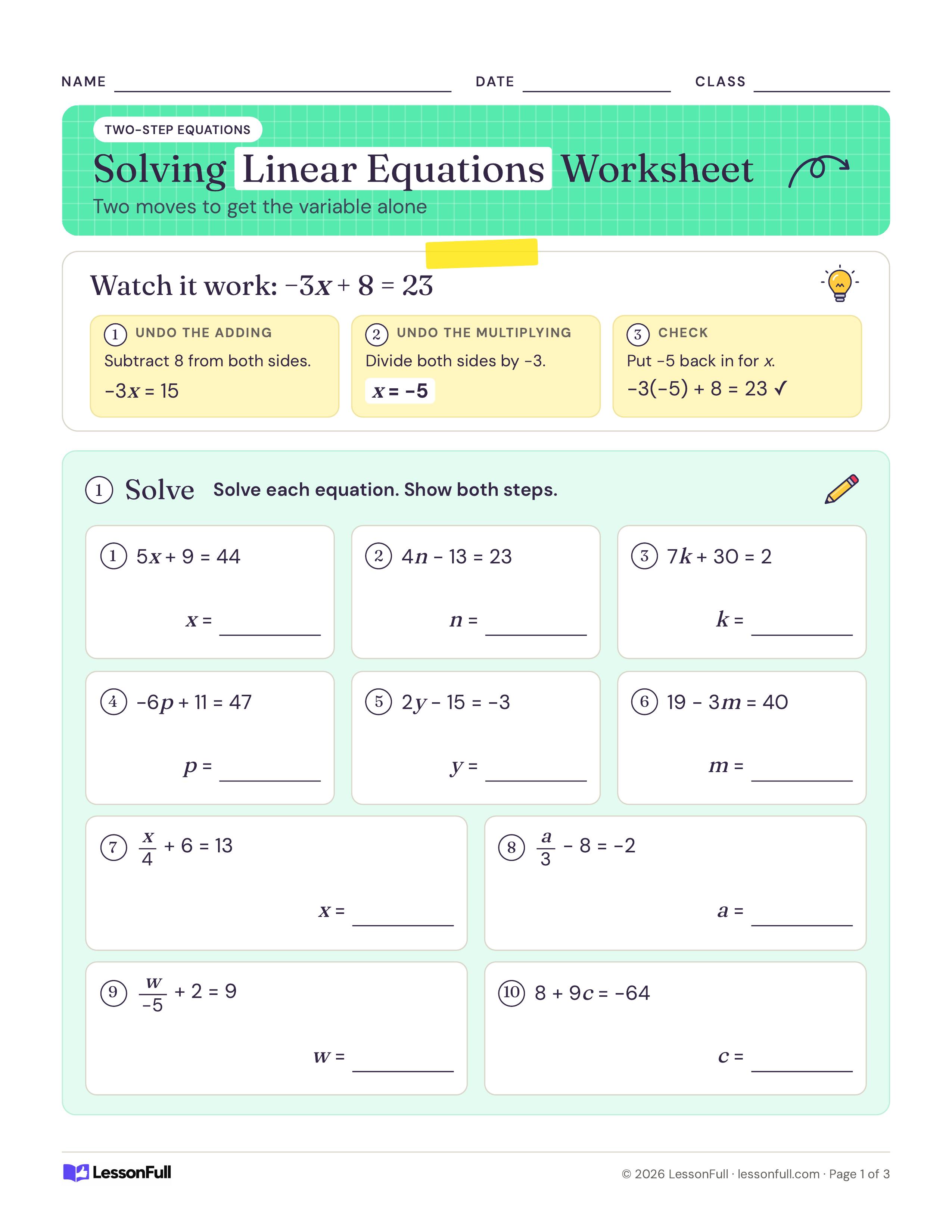 Solving Linear Equations Worksheet: a three-step worked example solving −3x + 8 = 23 with a check, then ten two-step equations in answer boxes
