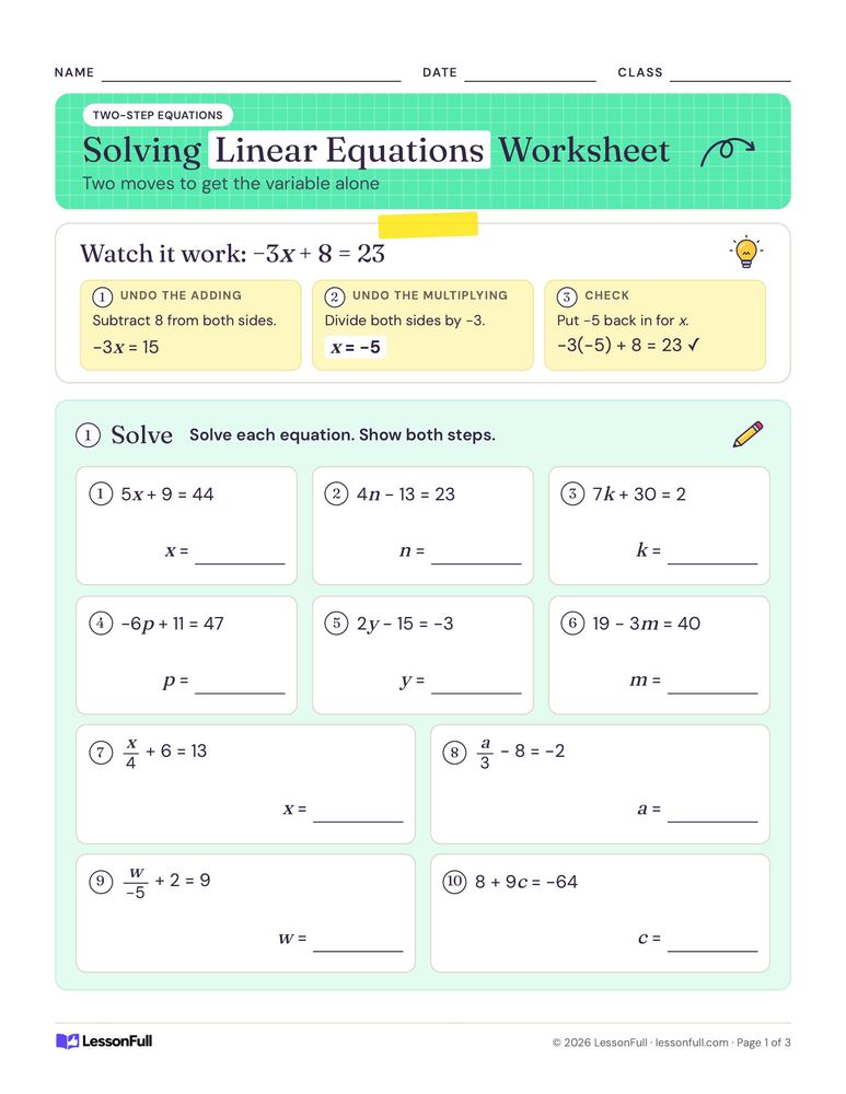 Solving Linear Equations Worksheet — math worksheet for grades 7–8