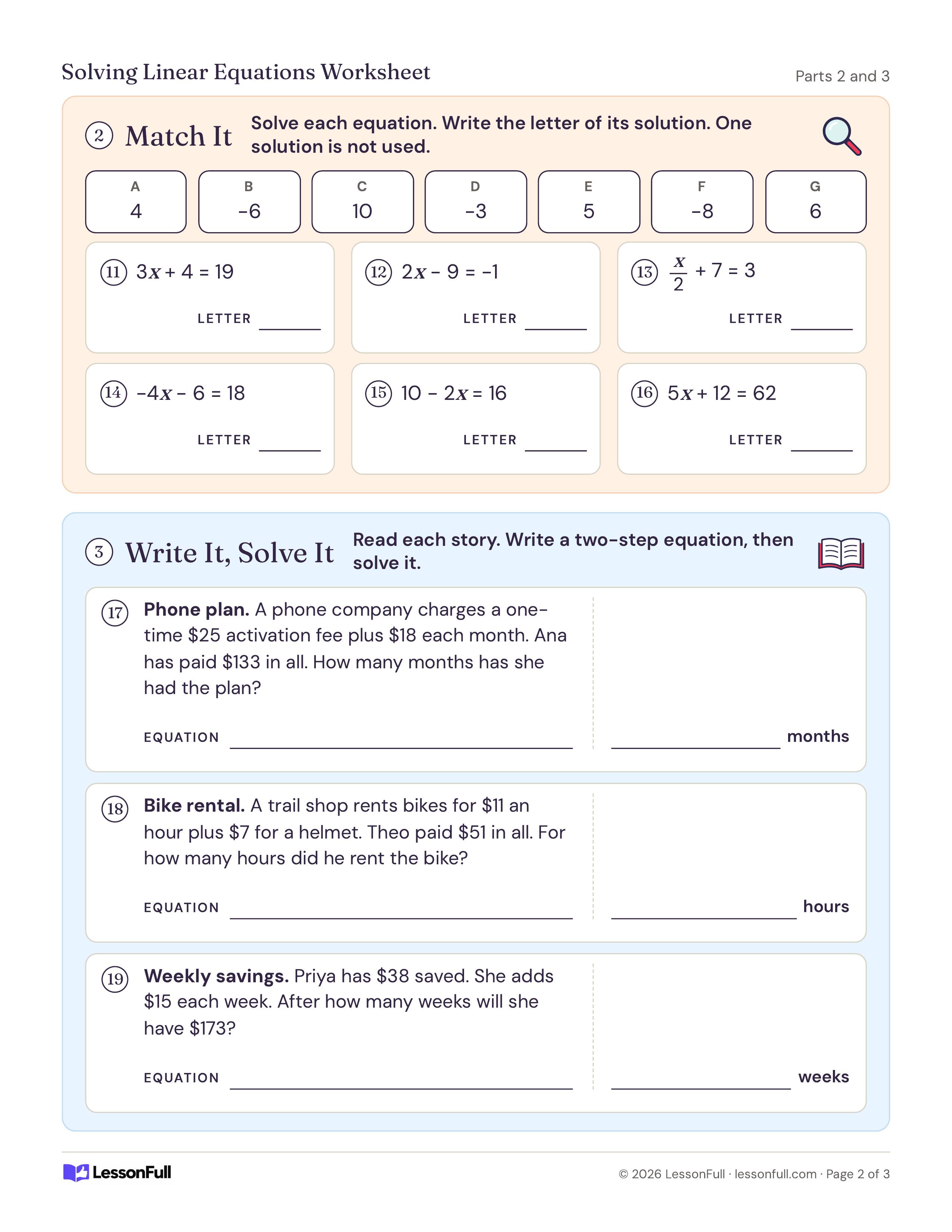 Solving Linear Equations Worksheet: six equations to match with lettered solutions, plus phone plan, bike rental and savings word problems