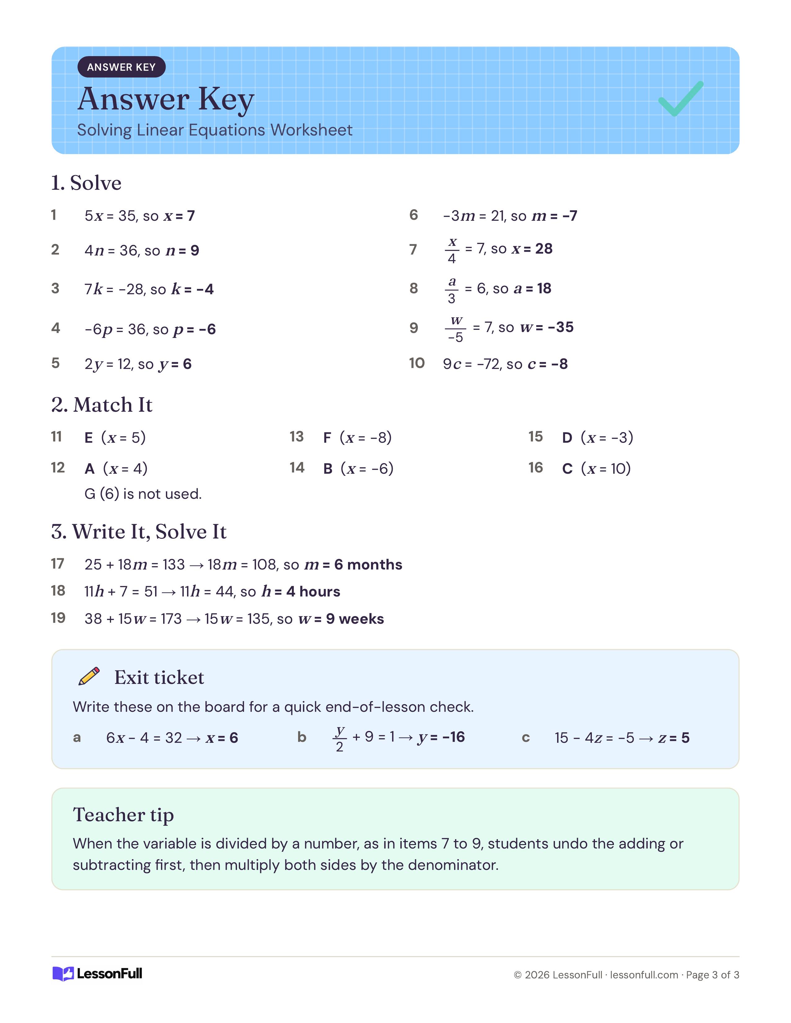 Solving Linear Equations Worksheet: answer key with each solved equation, the matched letters, word problem equations, an exit ticket and a tip