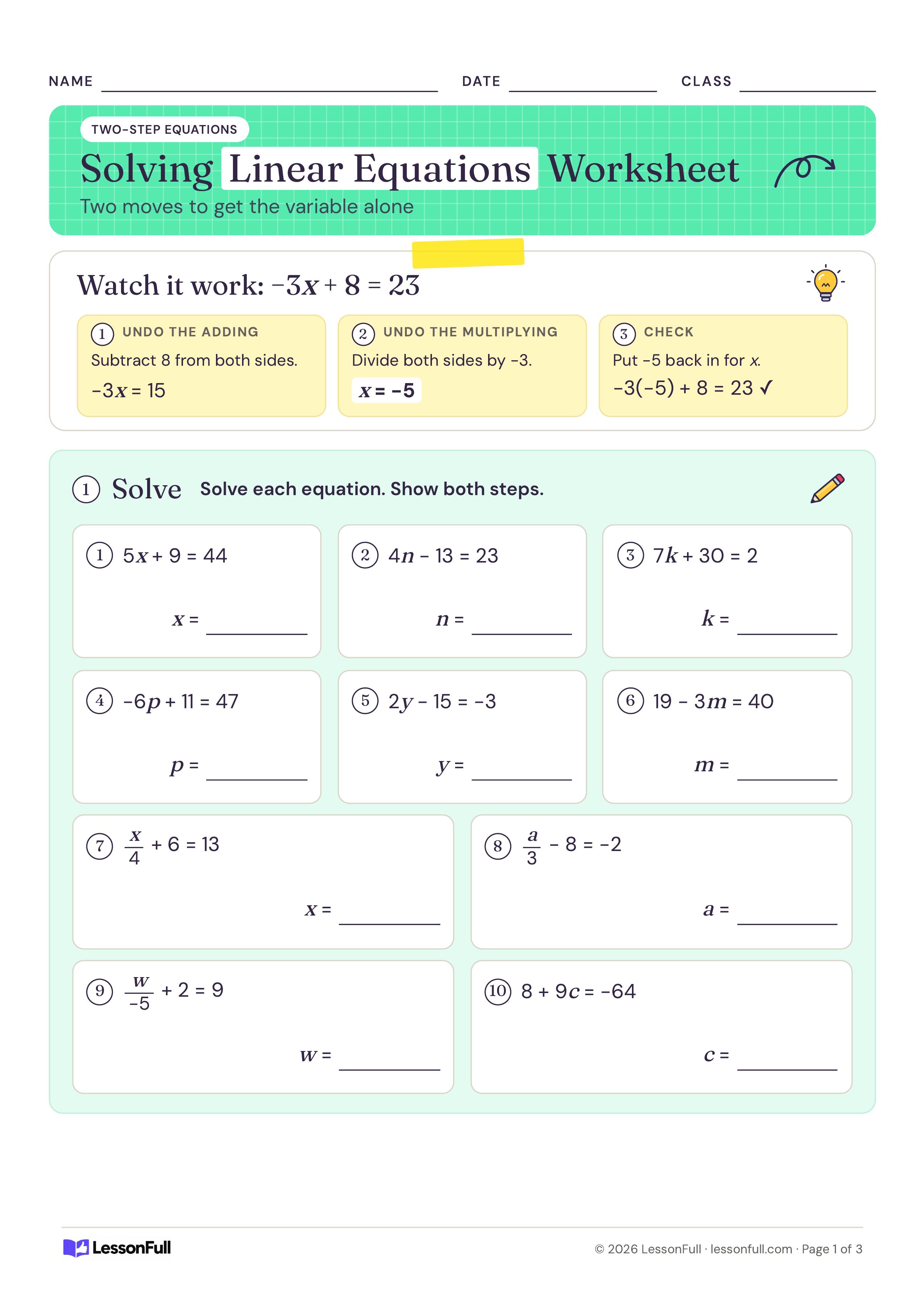 Solving Linear Equations Worksheet: a three-step worked example solving −3x + 8 = 23 with a check, then ten two-step equations in answer boxes