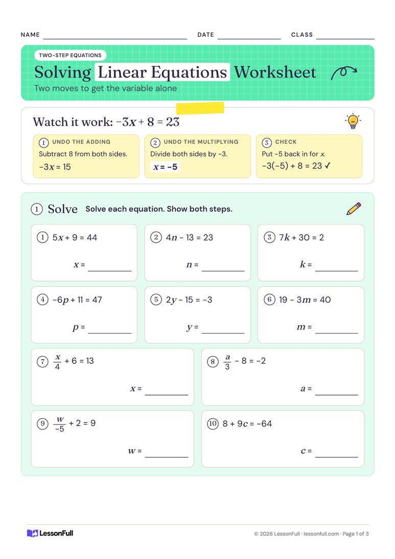 Solving Linear Equations Worksheet — maths worksheet for years 7–8