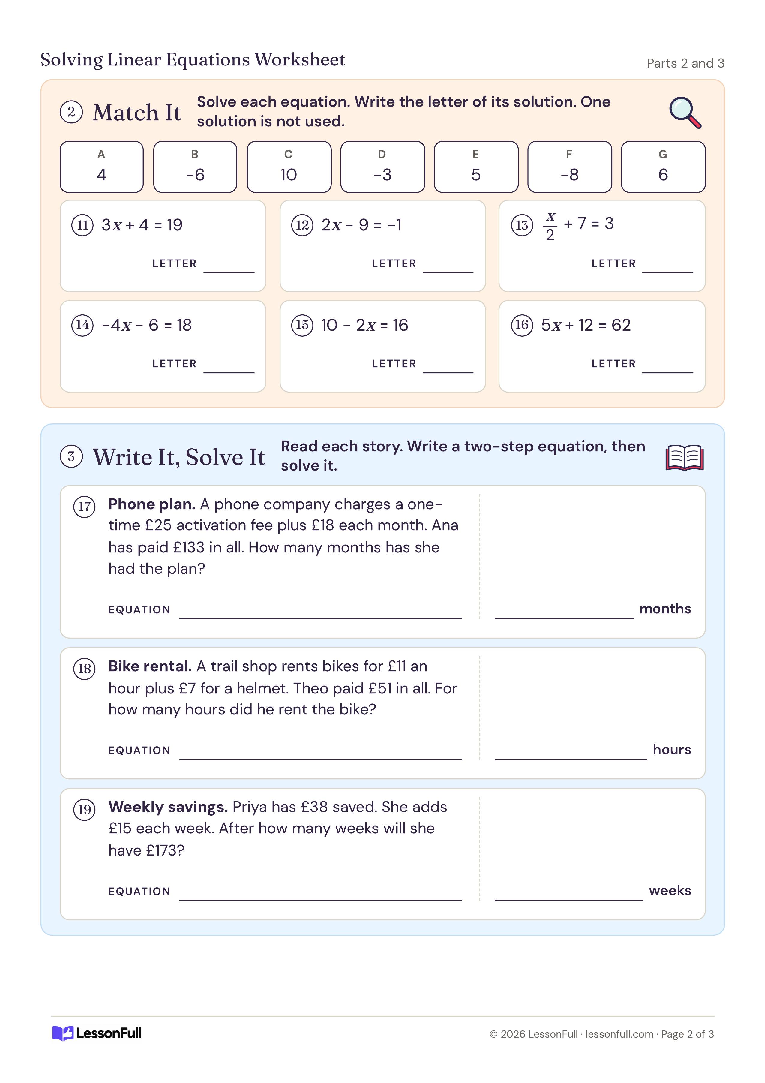 Solving Linear Equations Worksheet: six equations to match with lettered solutions, plus phone plan, bike rental and savings word problems