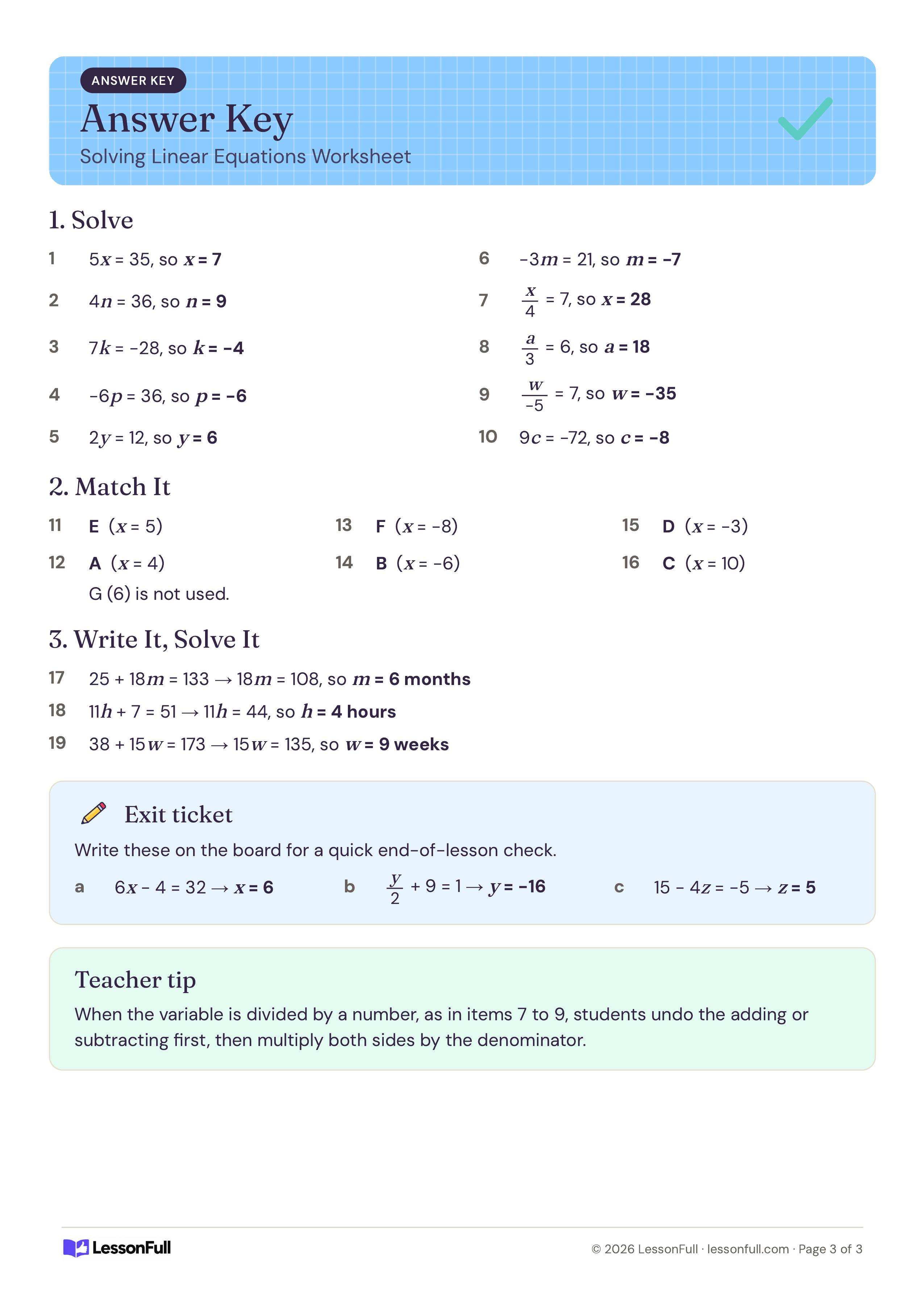 Solving Linear Equations Worksheet: answer key with each solved equation, the matched letters, word problem equations, an exit ticket and a tip