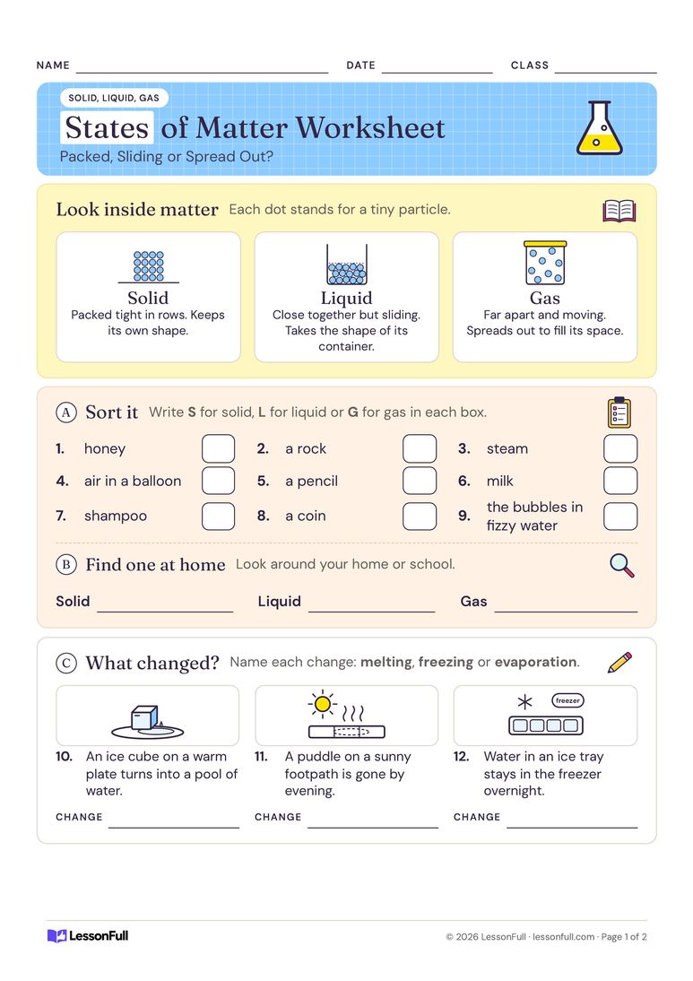 States of Matter Worksheet — science worksheet for years 2–5