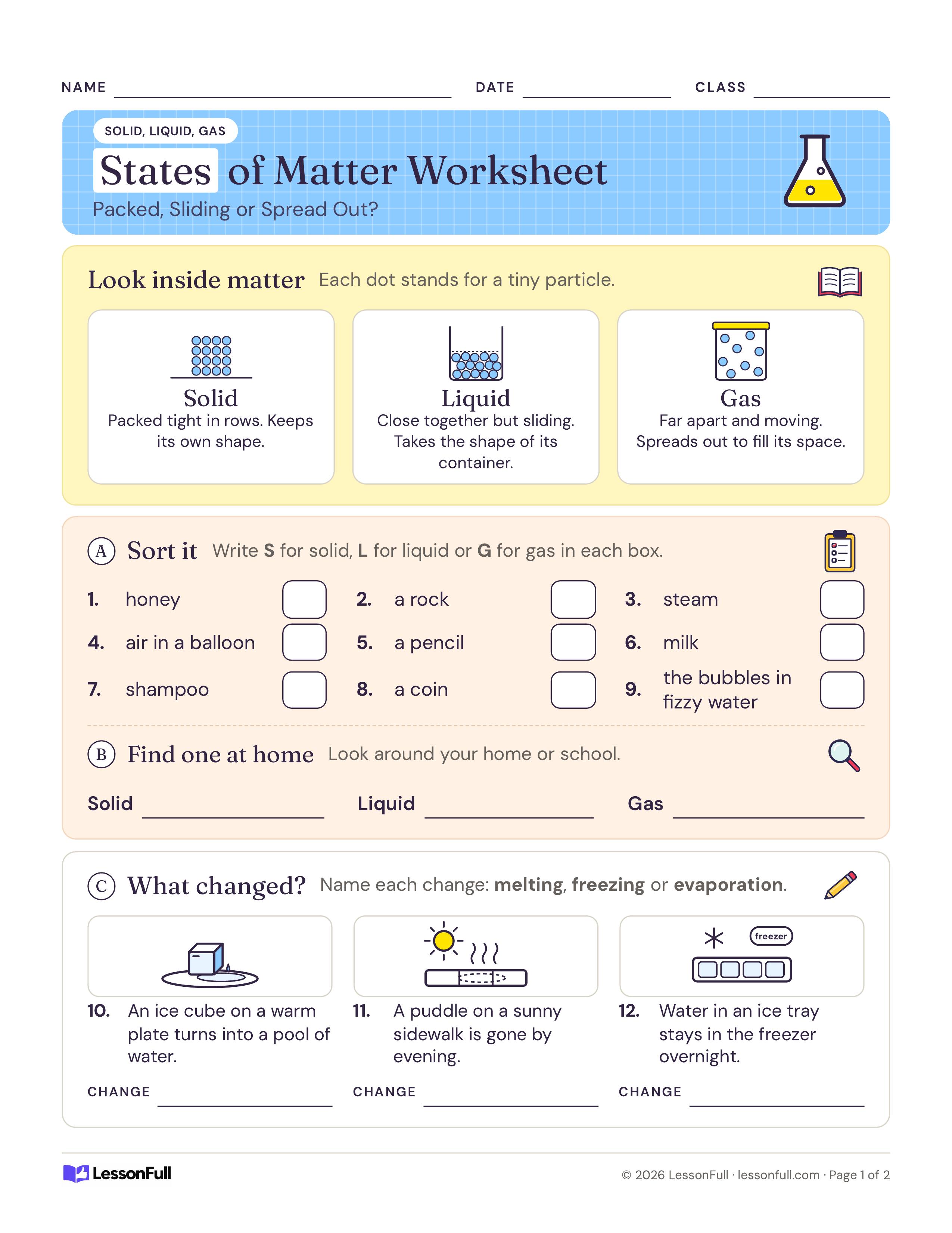 States of Matter Worksheet: particle diagrams for solid, liquid and gas, nine items to sort, a find-one-at-home row and three changes to name