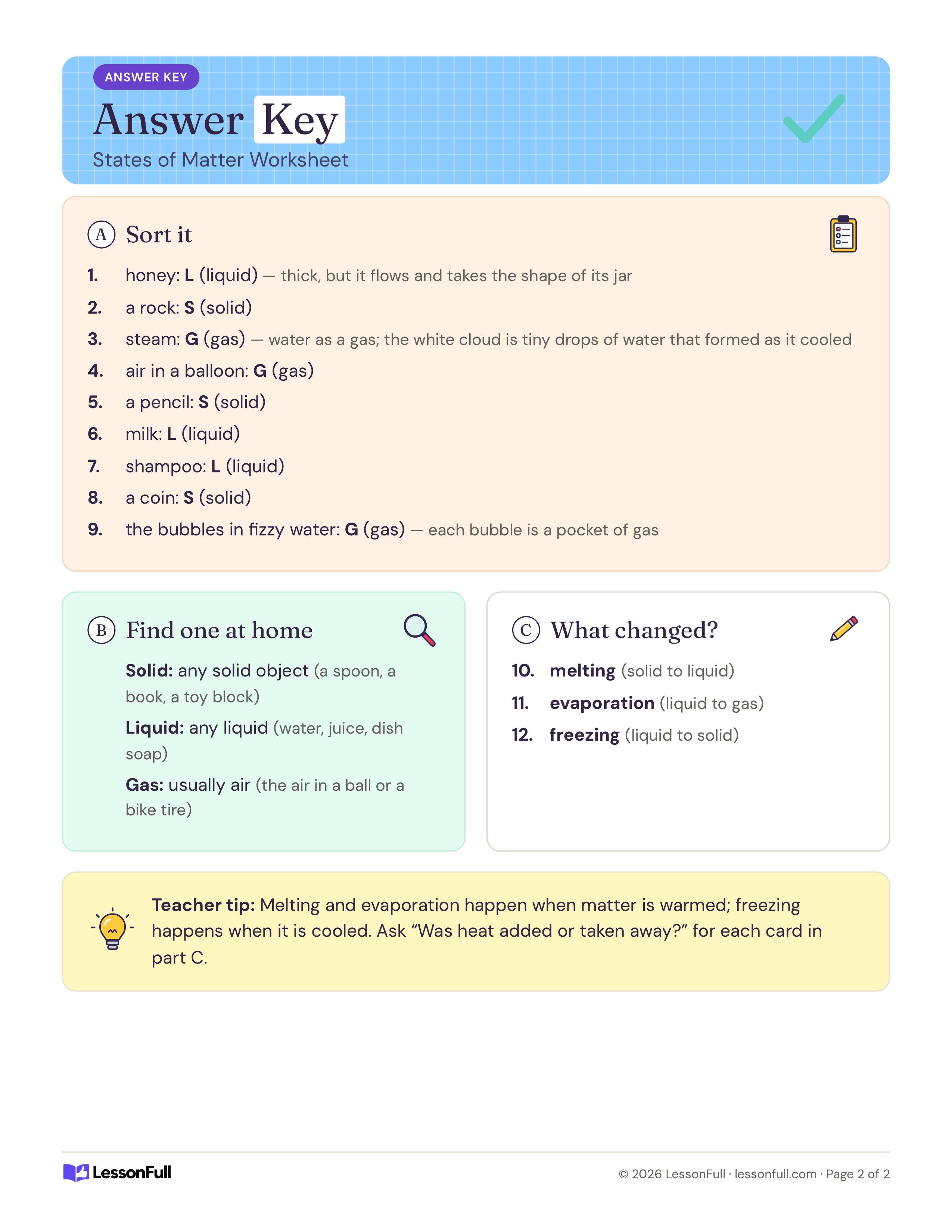 States of Matter Worksheet: answer key sorting each item as solid, liquid or gas, home examples, melting, evaporation and freezing, and a tip