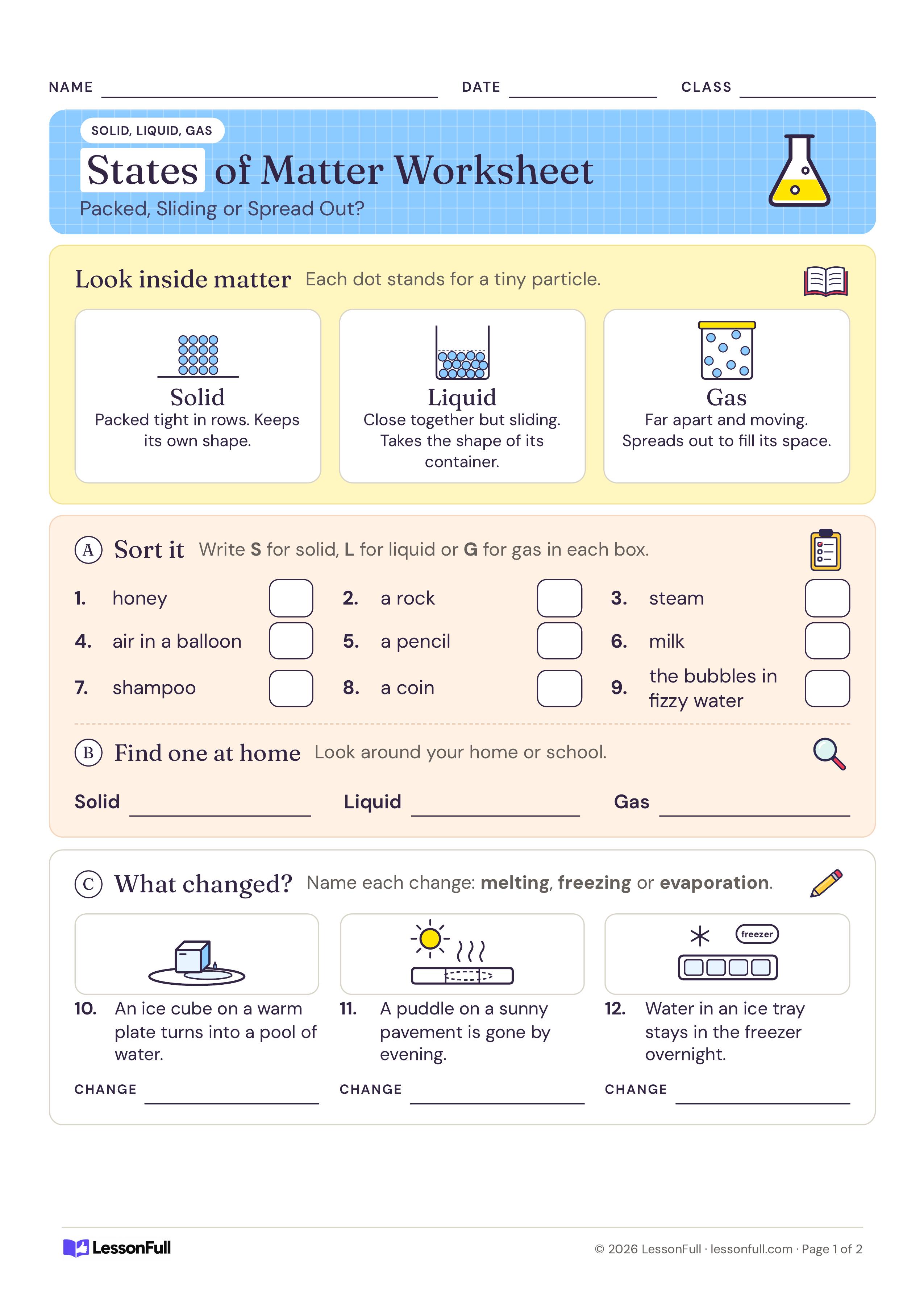 States of Matter Worksheet: particle diagrams for solid, liquid and gas, nine items to sort, a find-one-at-home row and three changes to name
