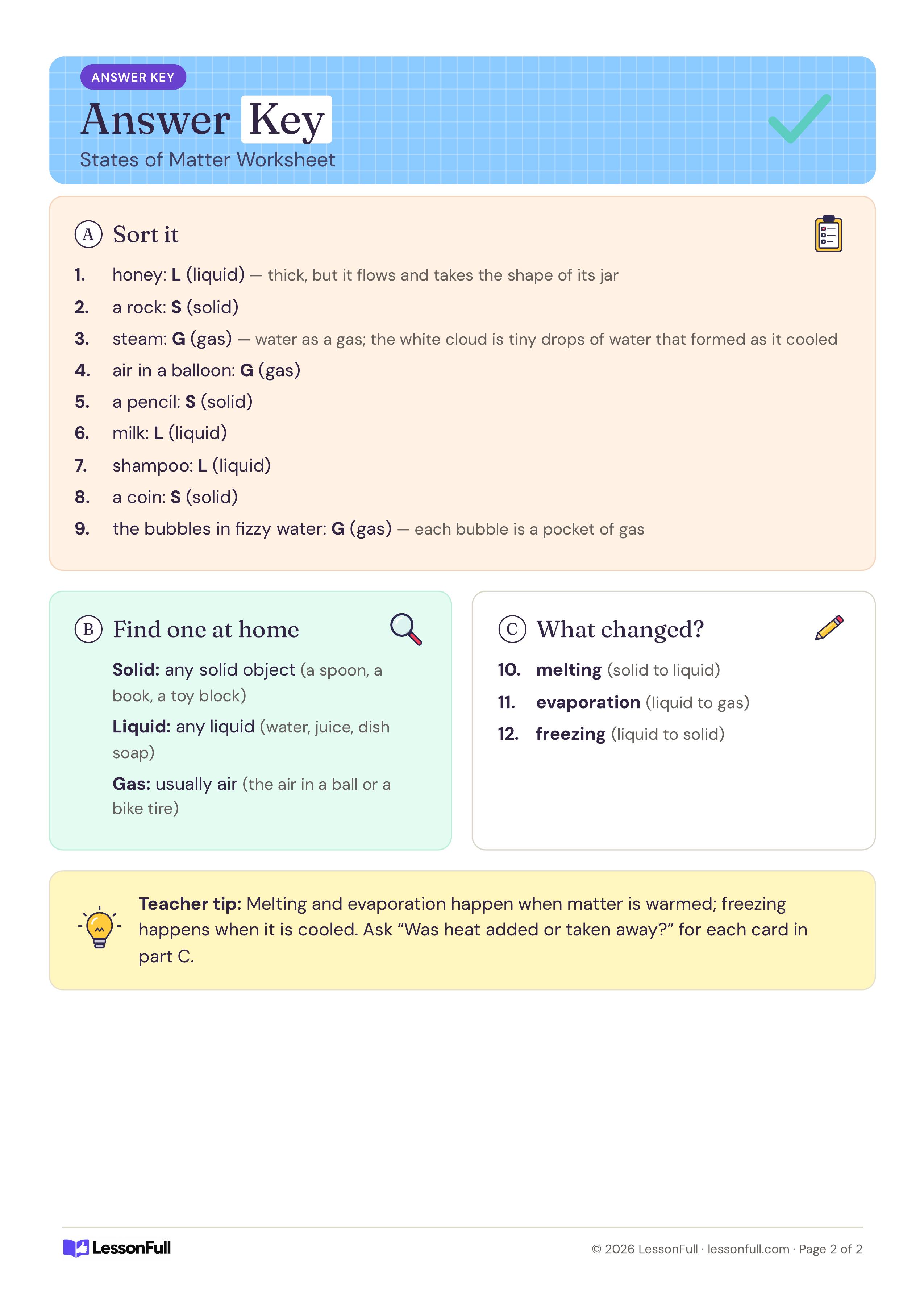 States of Matter Worksheet: answer key sorting each item as solid, liquid or gas, home examples, melting, evaporation and freezing, and a tip
