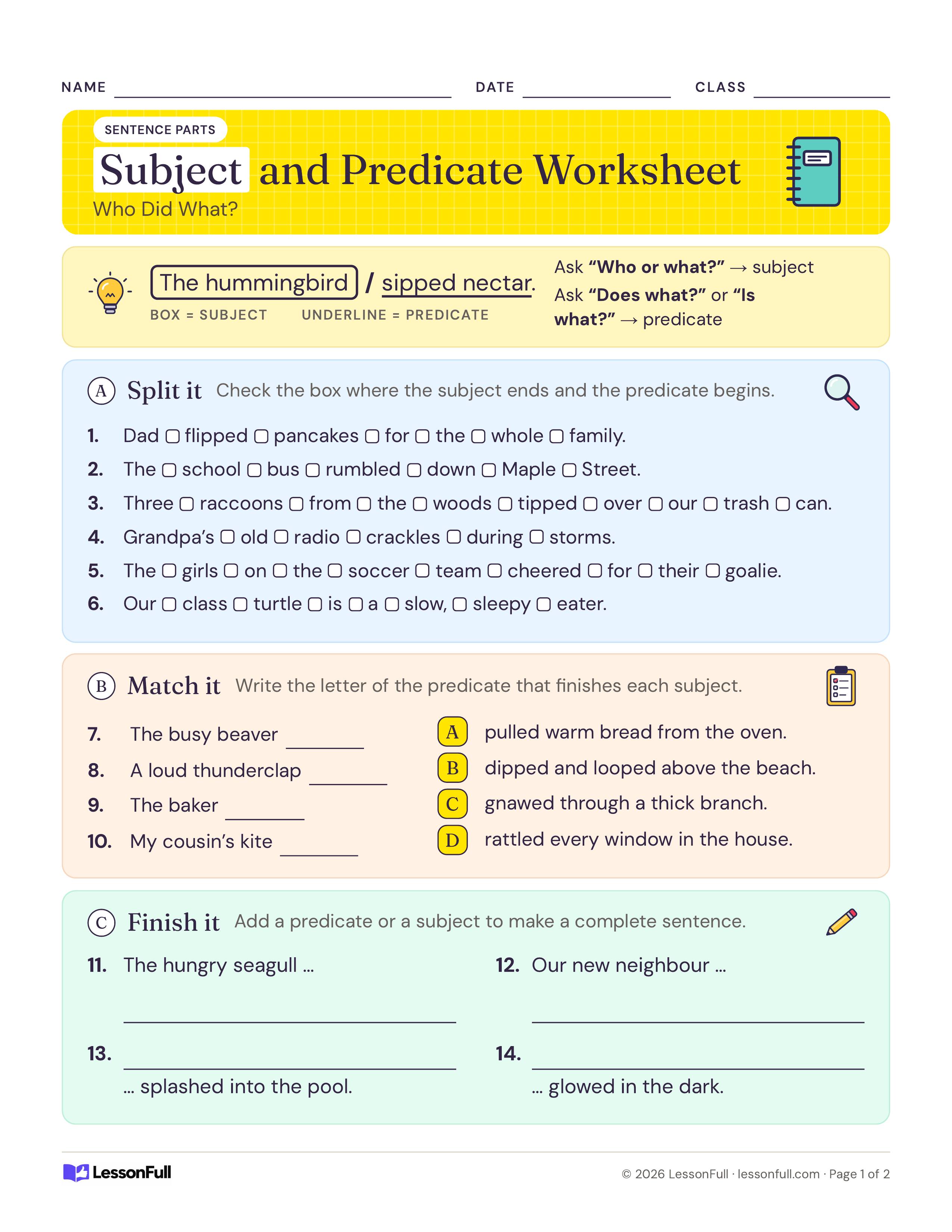 Subject and Predicate Worksheet: a boxed subject and underlined predicate model, six sentences to split, four subjects to match and sentences to finish