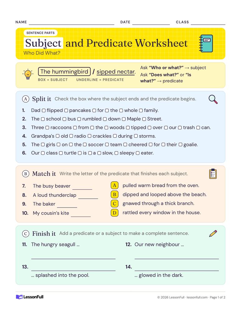 Subject and Predicate Worksheet — language arts worksheet for grades 2–4