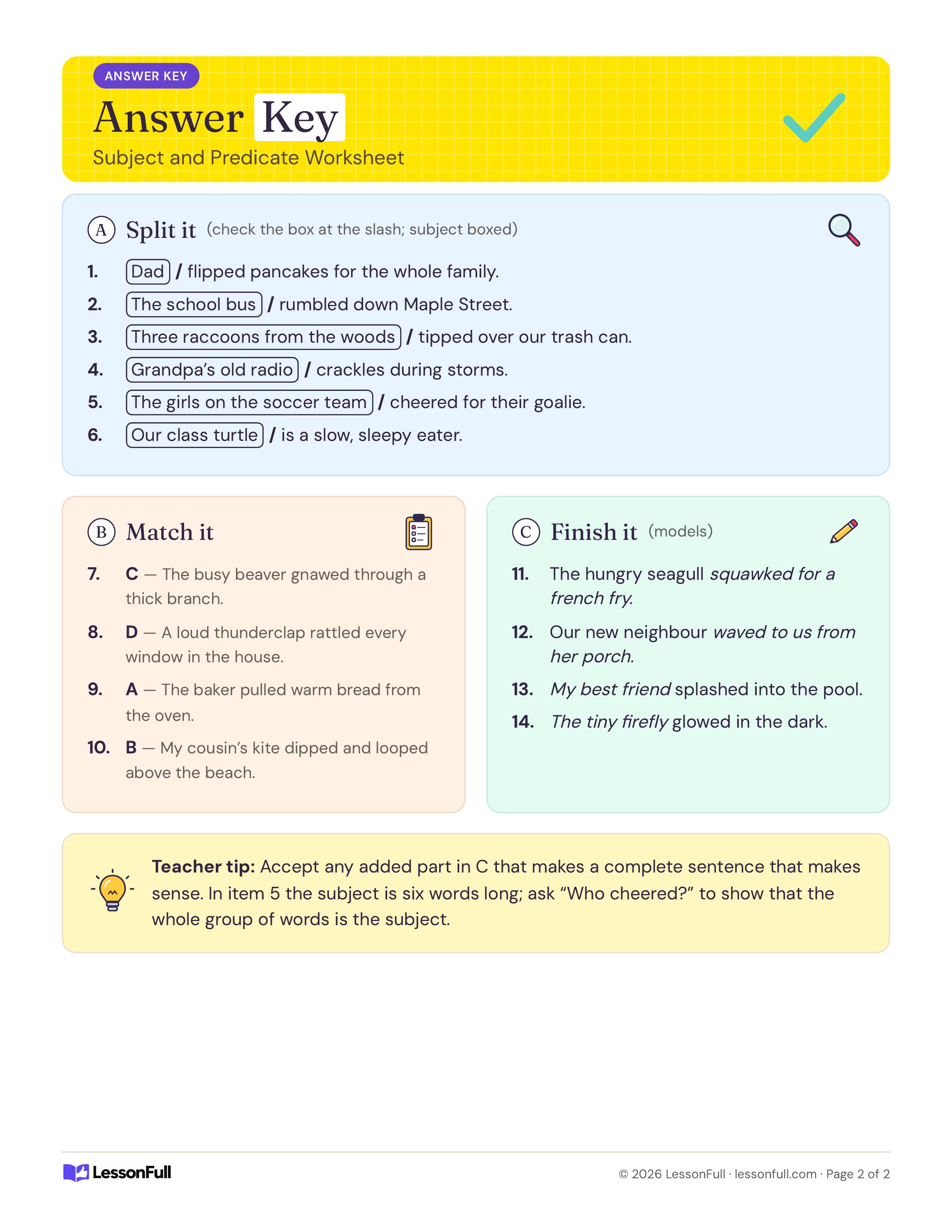Subject and Predicate Worksheet: answer key with each subject boxed and split at a slash, the matched predicates, model finished sentences and a tip