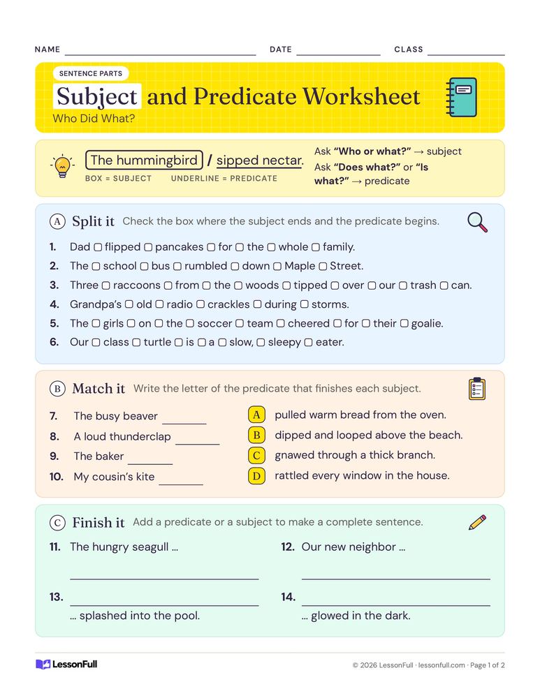Subject and Predicate Worksheet — language arts worksheet for grades 2–4