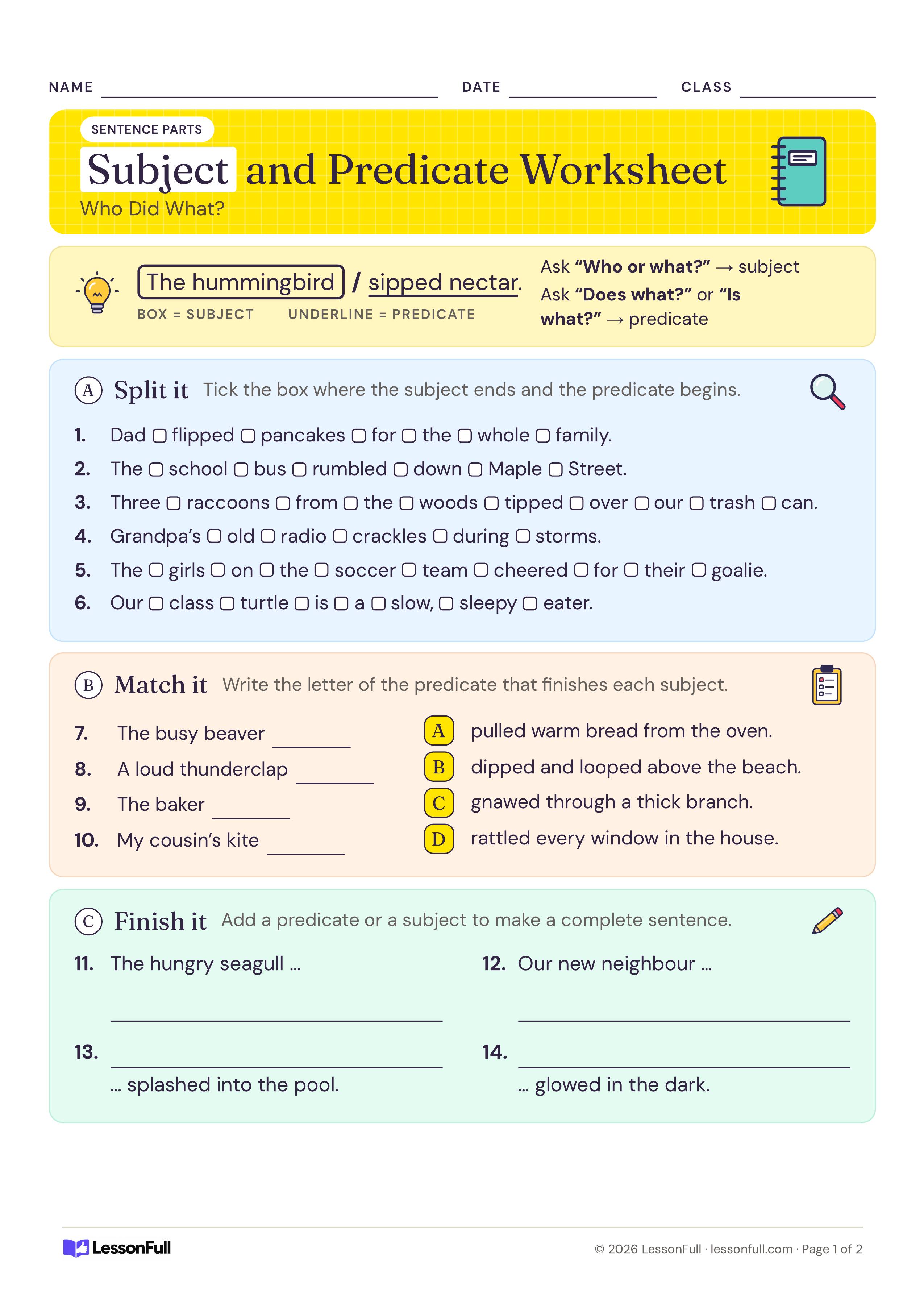 Subject and Predicate Worksheet: a boxed subject and underlined predicate model, six sentences to split, four subjects to match and sentences to finish