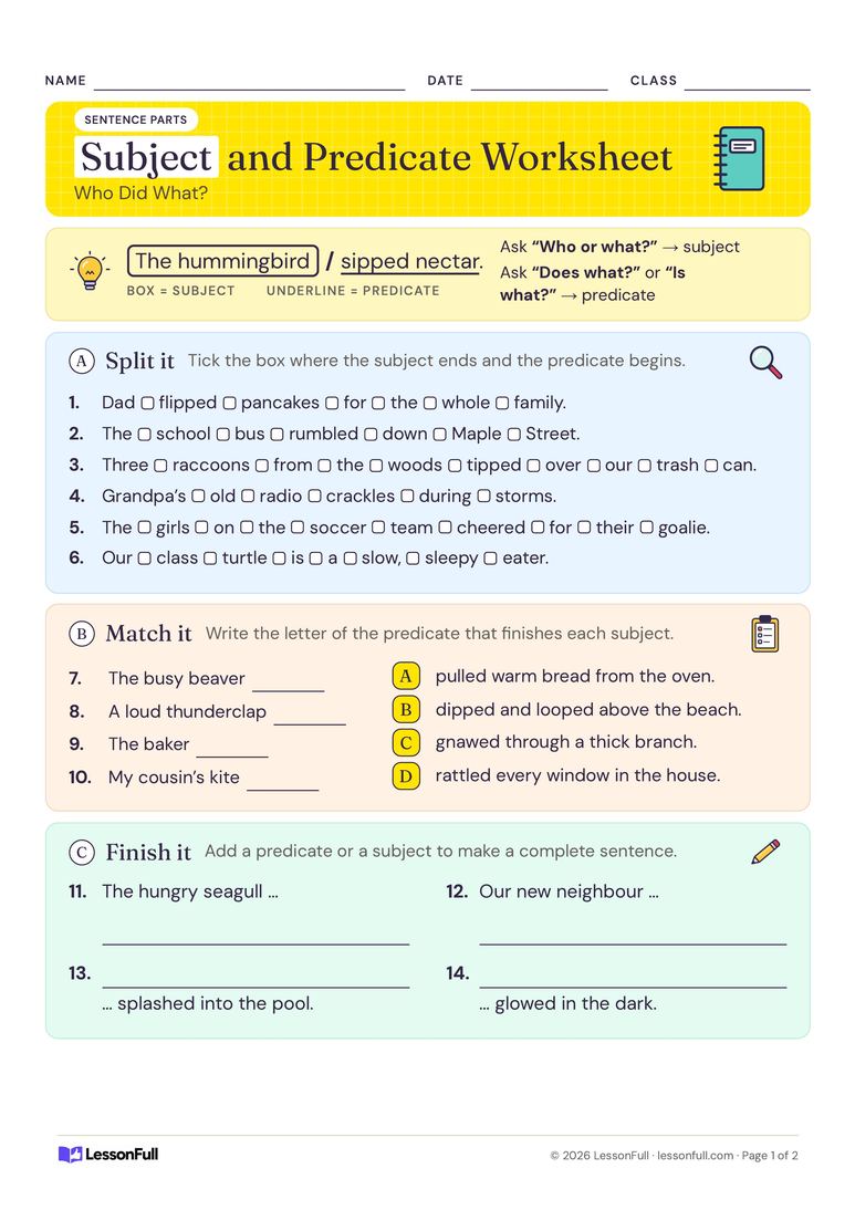Subject and Predicate Worksheet — English worksheet for years 2–4